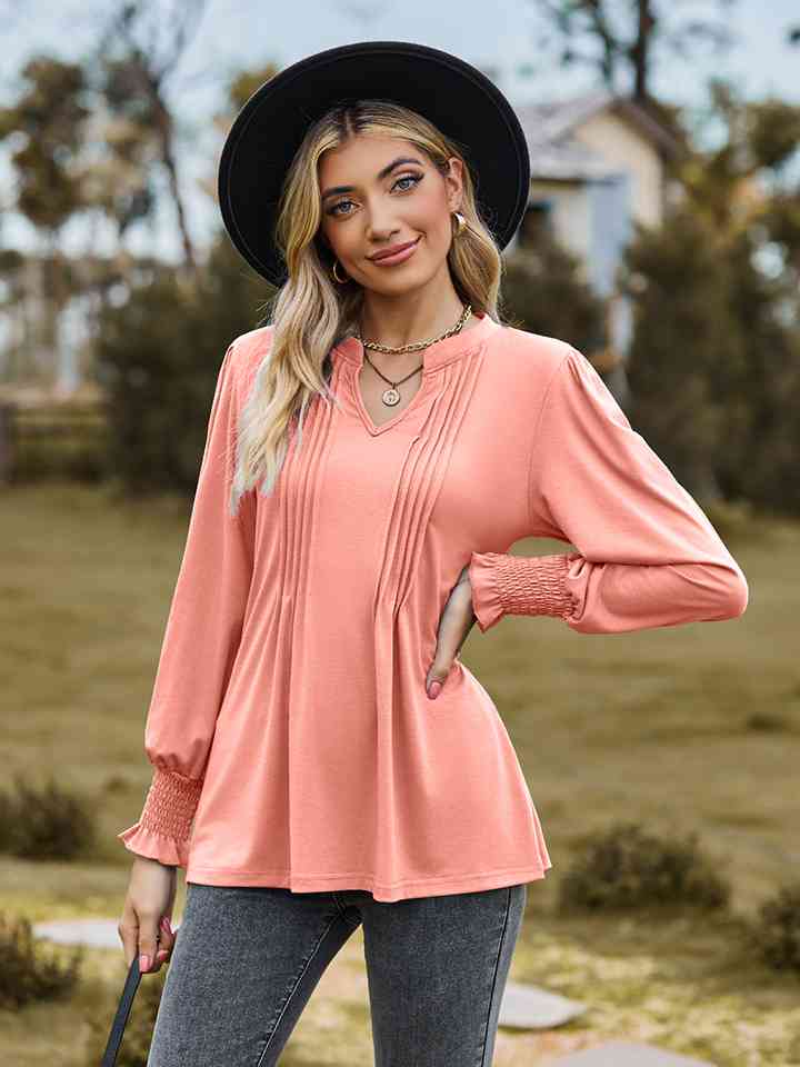 Notched Neck Flounce Sleeve Blouse BLUE ZONE PLANET