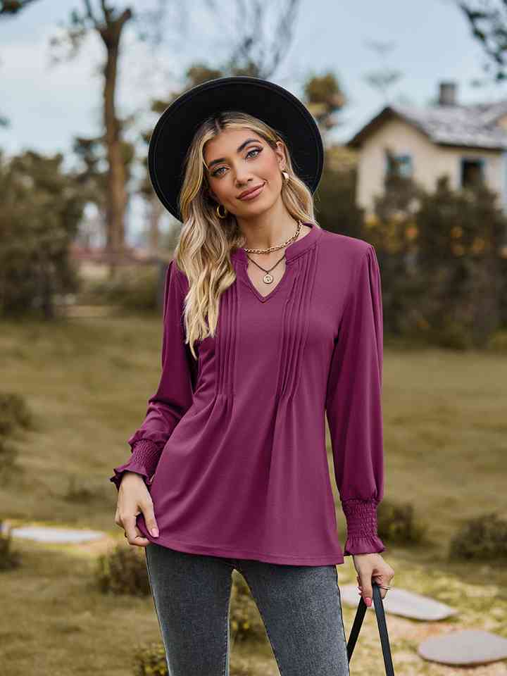 Notched Neck Flounce Sleeve Blouse BLUE ZONE PLANET