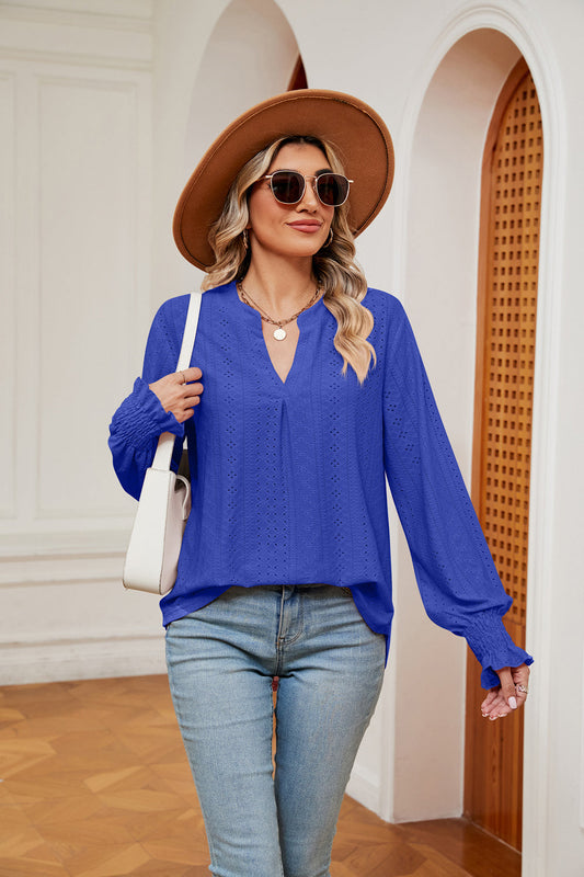 Notched Neck Flounce Sleeve Blouse BLUE ZONE PLANET