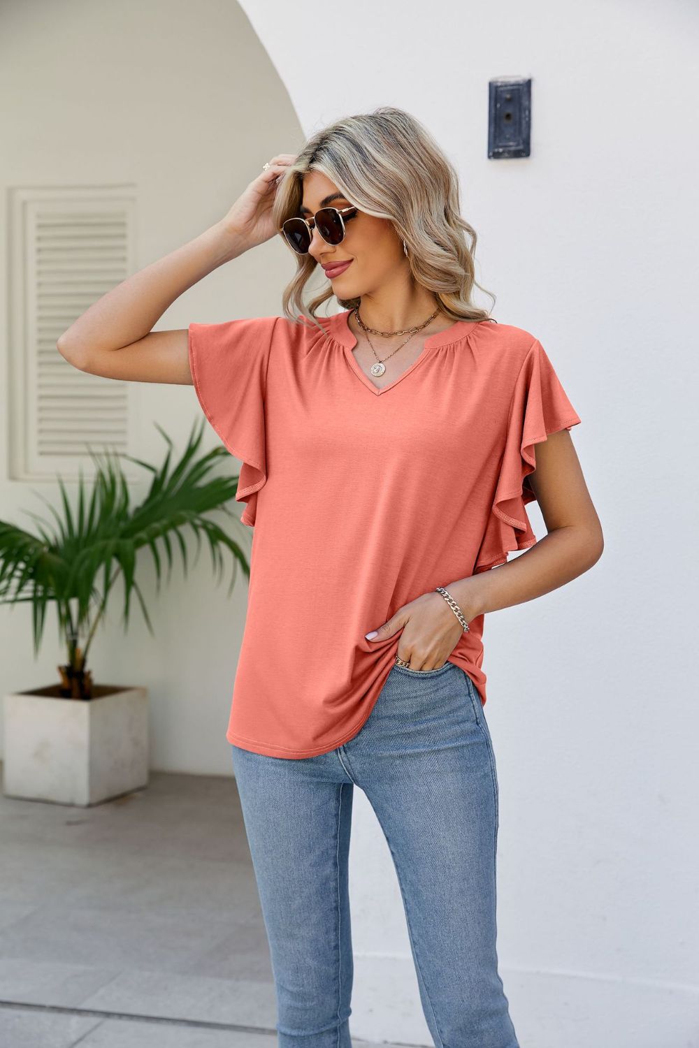 Notched Neck Flutter Sleeve Tee BLUE ZONE PLANET