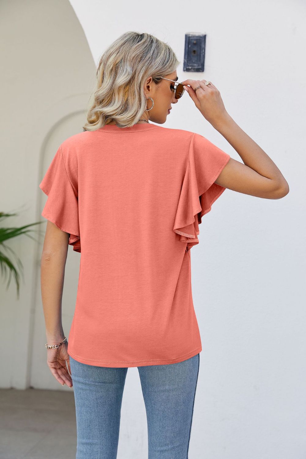 Notched Neck Flutter Sleeve Tee BLUE ZONE PLANET