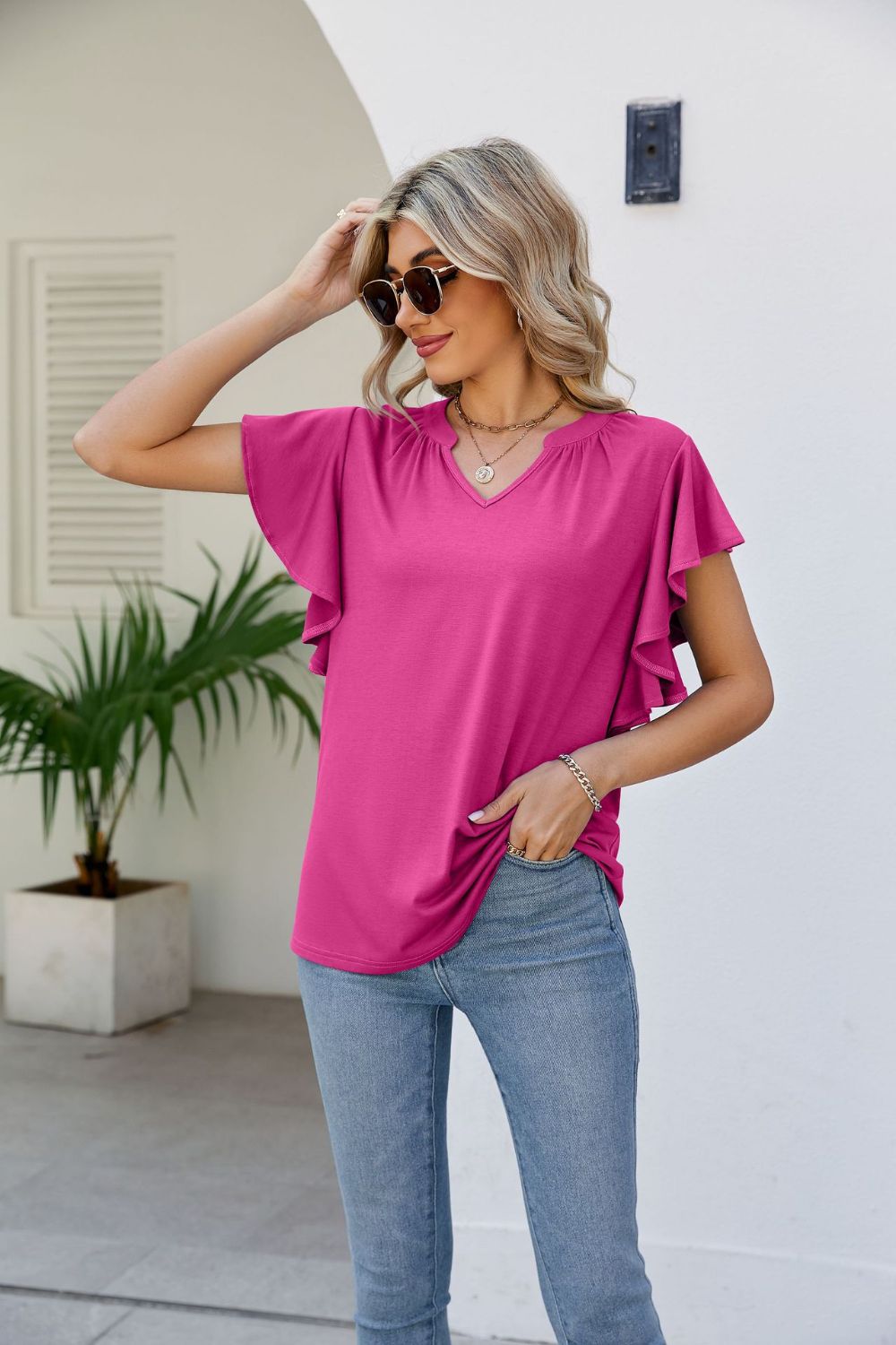 Notched Neck Flutter Sleeve Tee BLUE ZONE PLANET