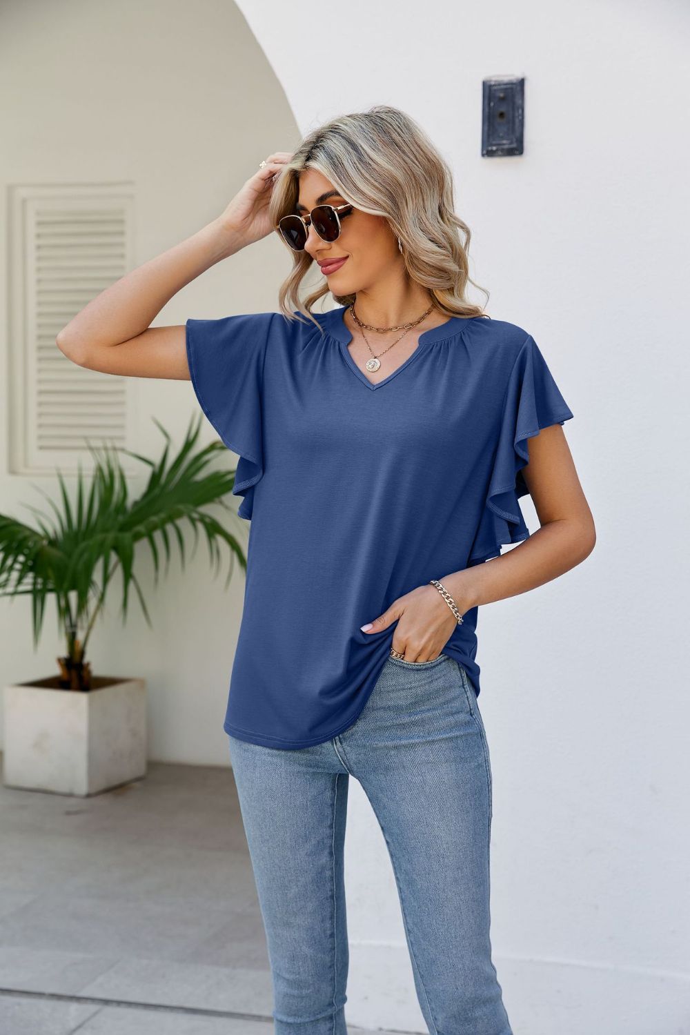 Notched Neck Flutter Sleeve Tee BLUE ZONE PLANET