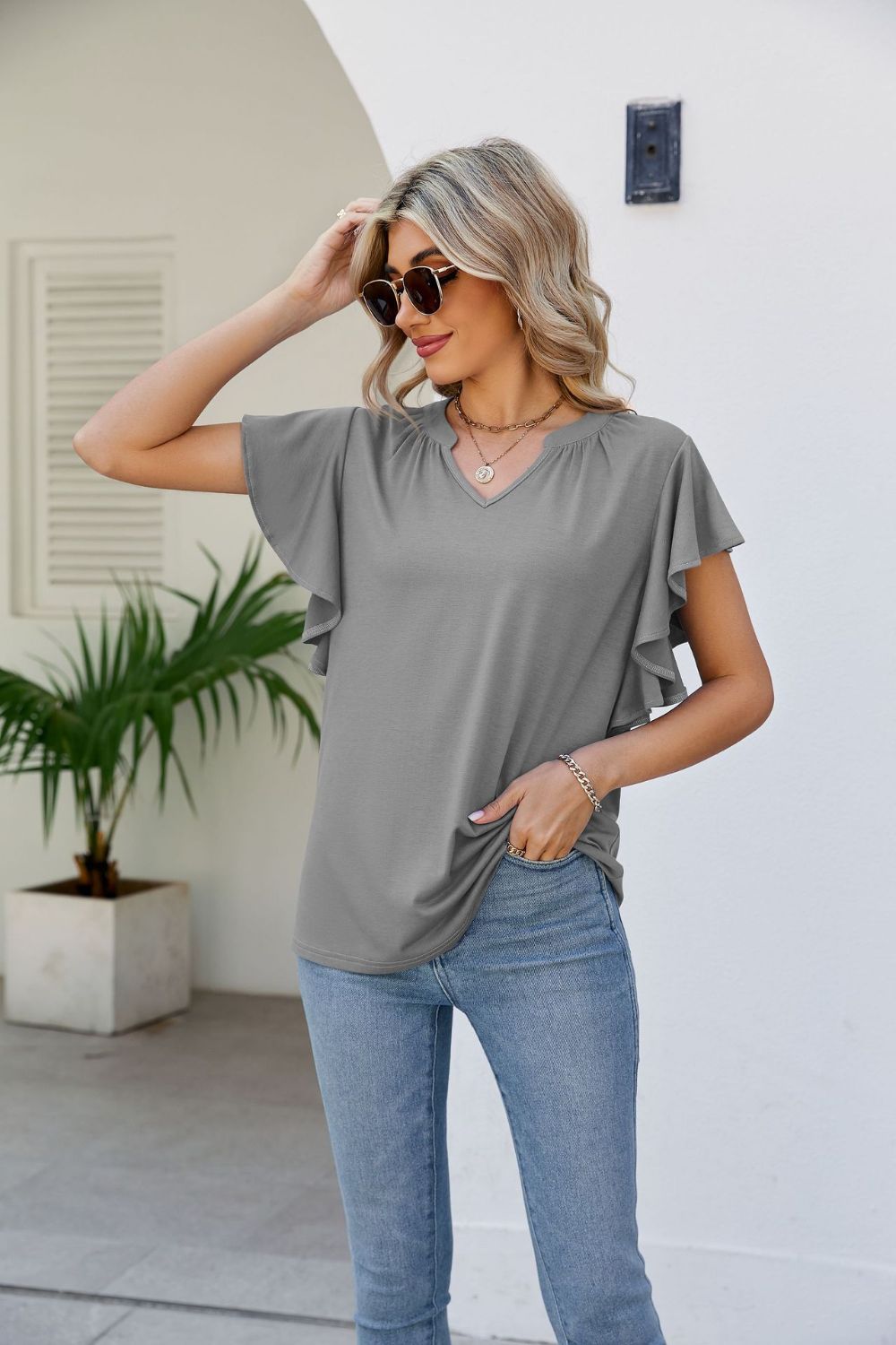 Notched Neck Flutter Sleeve Tee BLUE ZONE PLANET