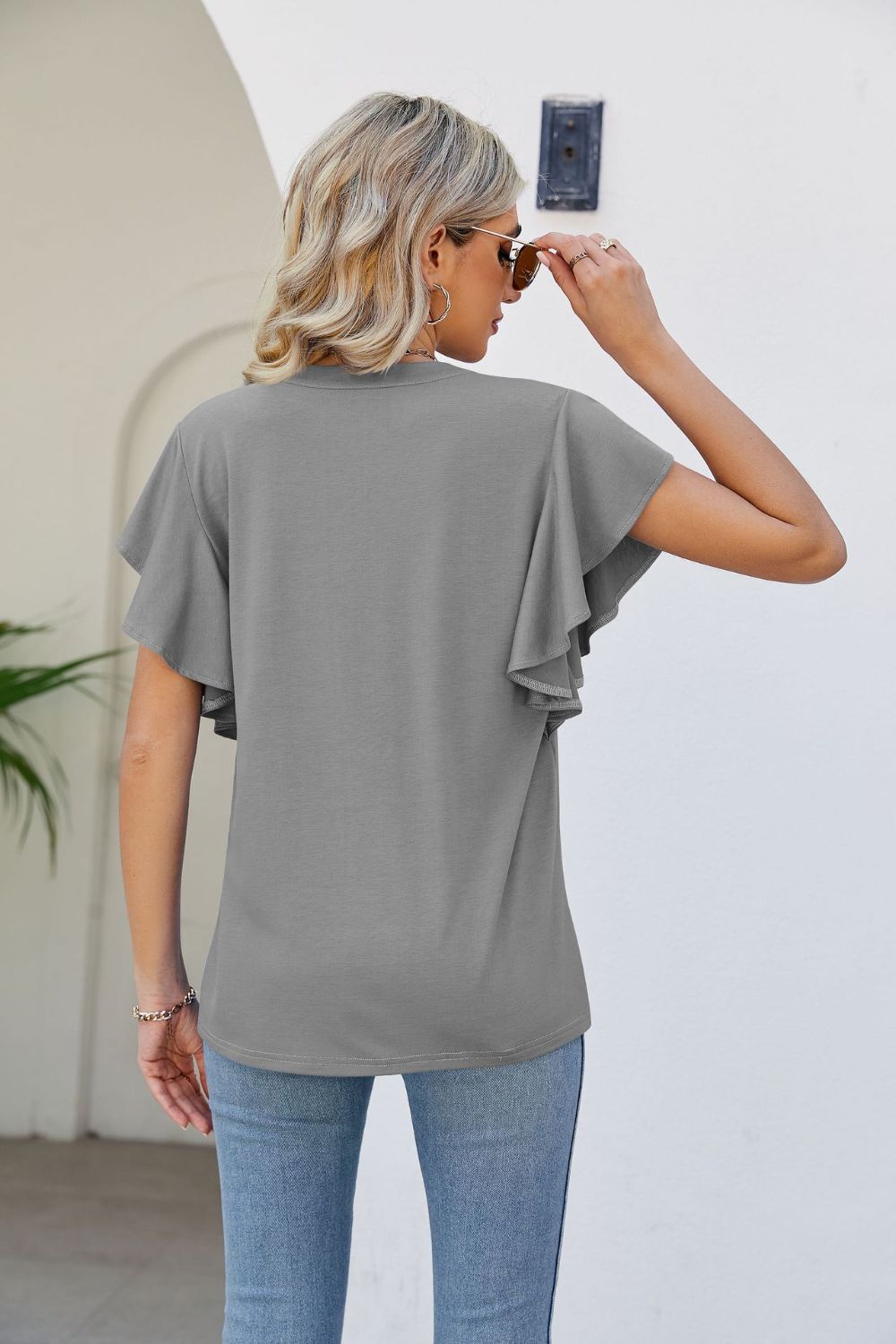 Notched Neck Flutter Sleeve Tee BLUE ZONE PLANET