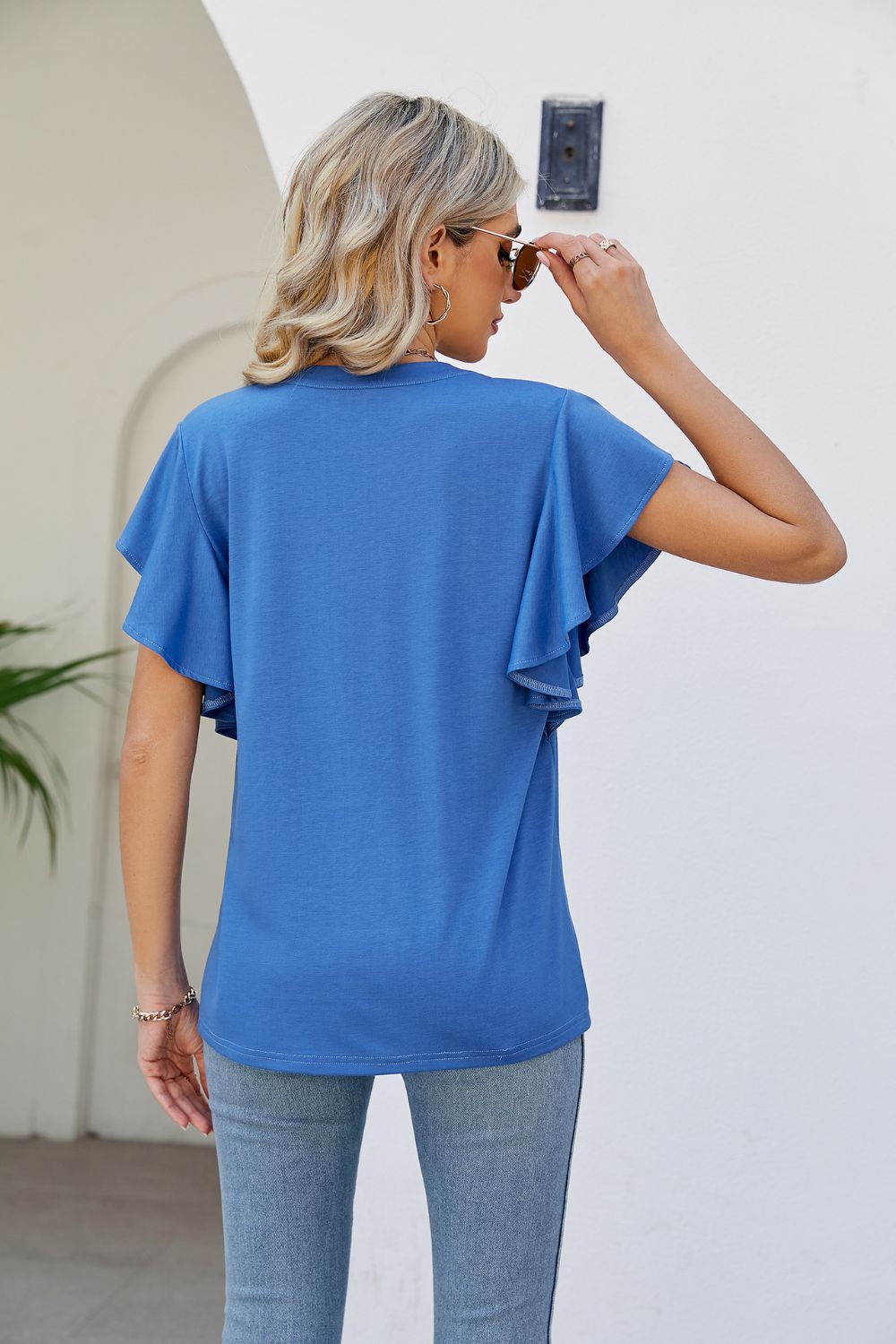 Notched Neck Flutter Sleeve Tee BLUE ZONE PLANET