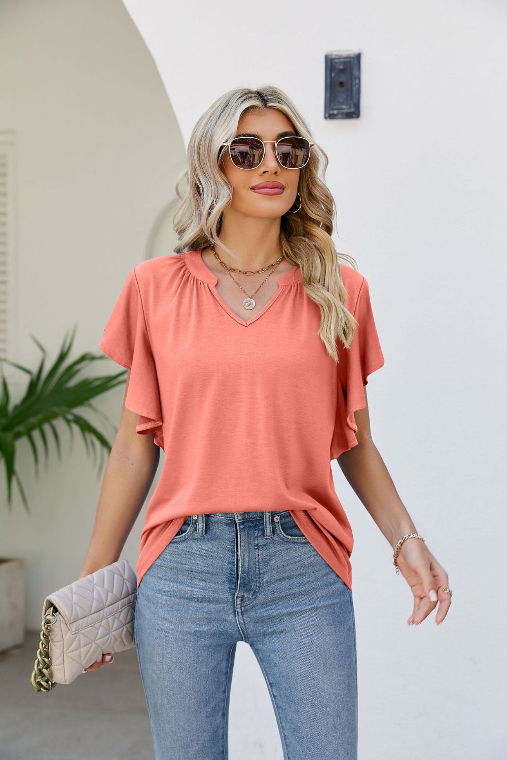 Notched Neck Flutter Sleeve Tee BLUE ZONE PLANET