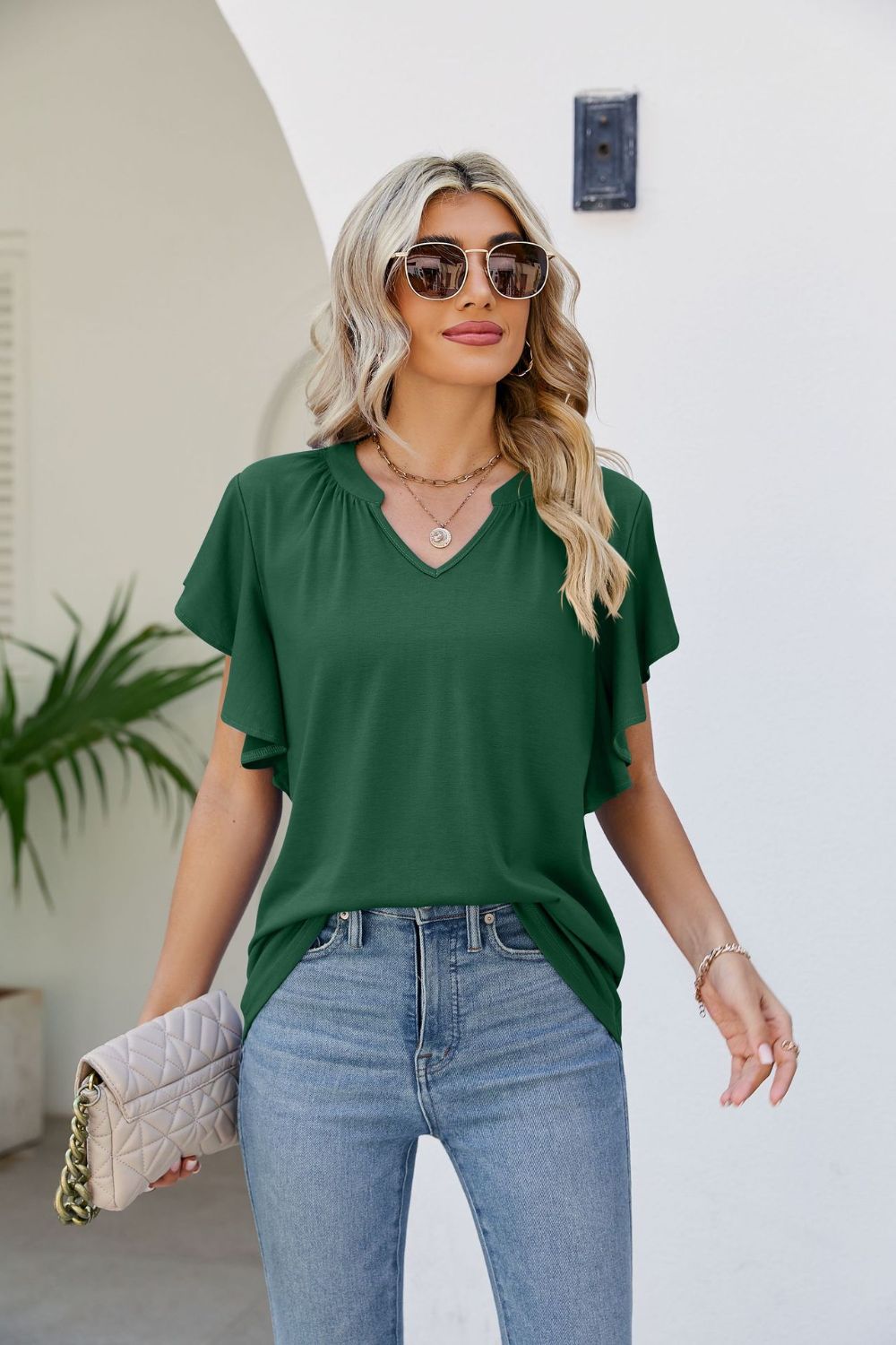 Notched Neck Flutter Sleeve Tee BLUE ZONE PLANET