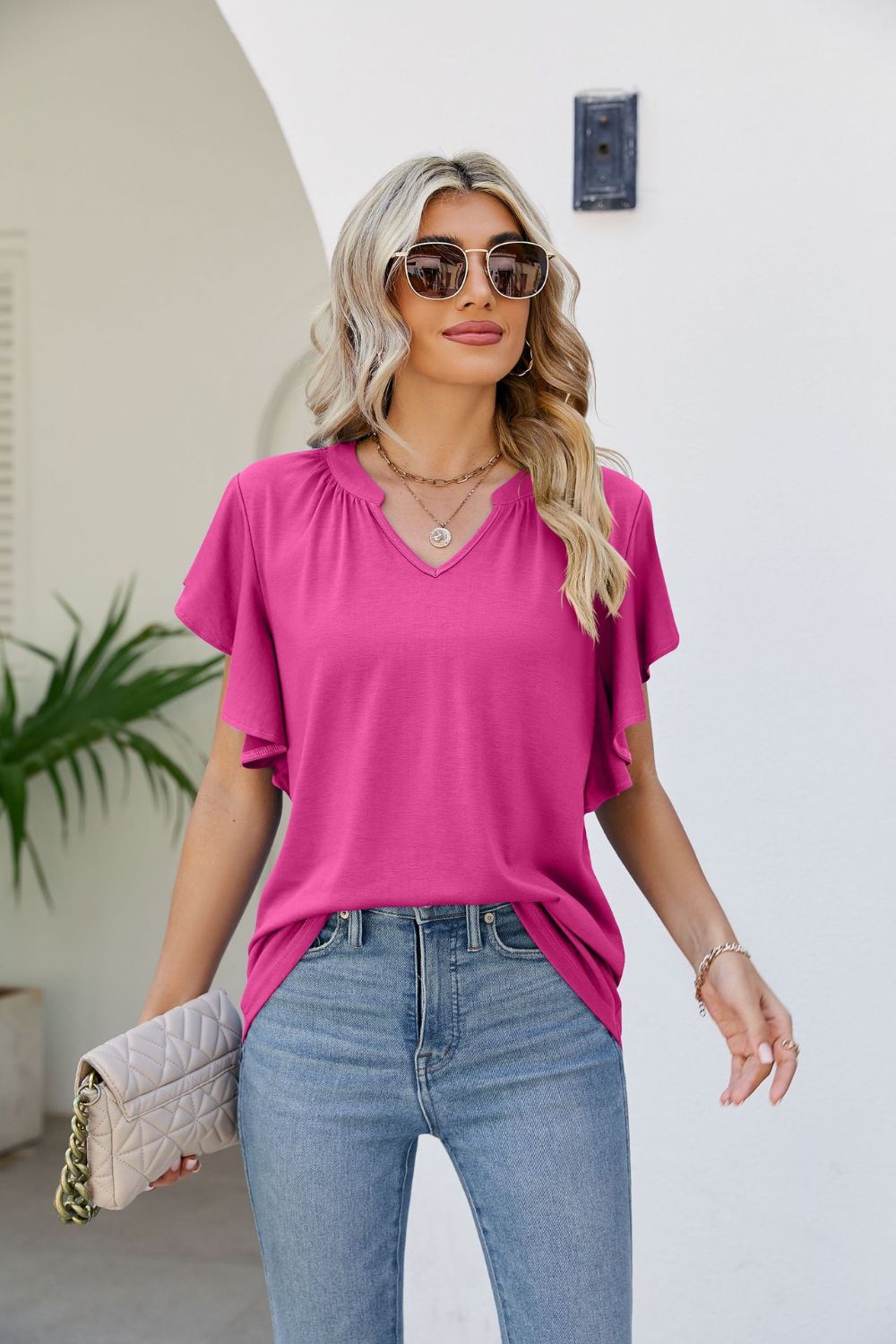 Notched Neck Flutter Sleeve Tee BLUE ZONE PLANET