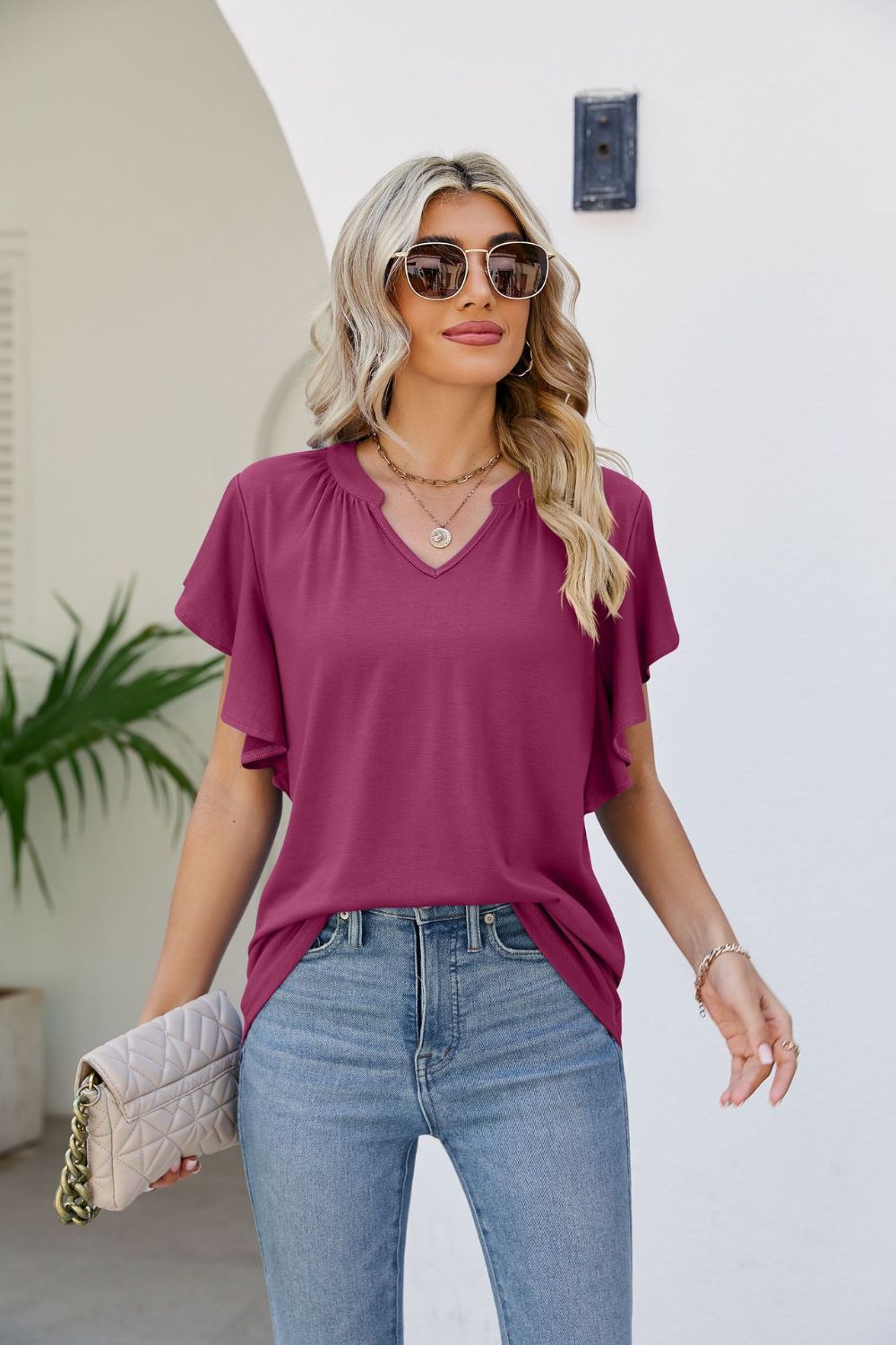 Notched Neck Flutter Sleeve Tee BLUE ZONE PLANET