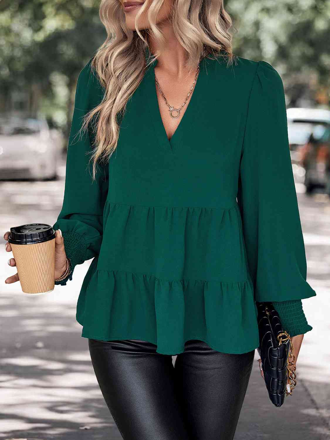 Notched Neck Lantern Sleeve Blouse BLUE ZONE PLANET