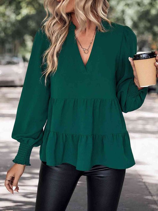 Notched Neck Lantern Sleeve Blouse BLUE ZONE PLANET