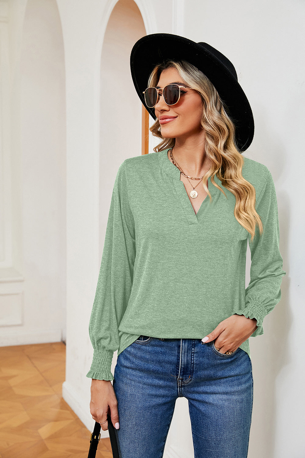 Notched Neck Long Sleeve Blouse BLUE ZONE PLANET