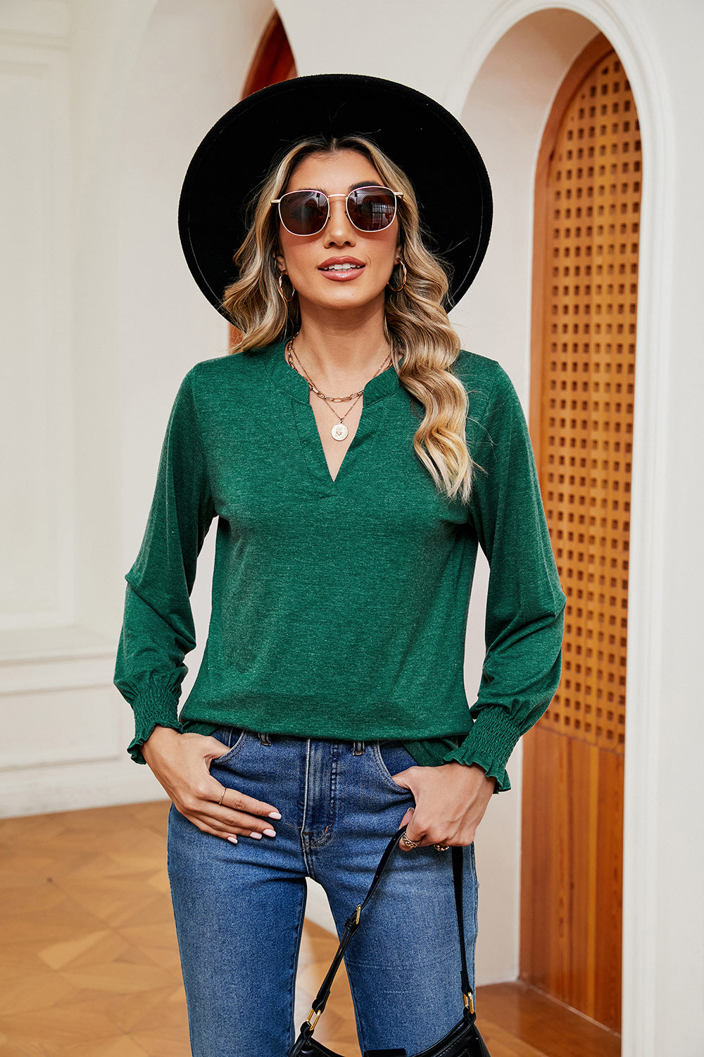 Notched Neck Long Sleeve Blouse BLUE ZONE PLANET