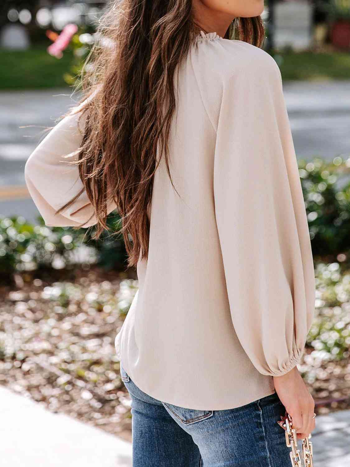 Notched Neck Long Sleeve Blouse BLUE ZONE PLANET