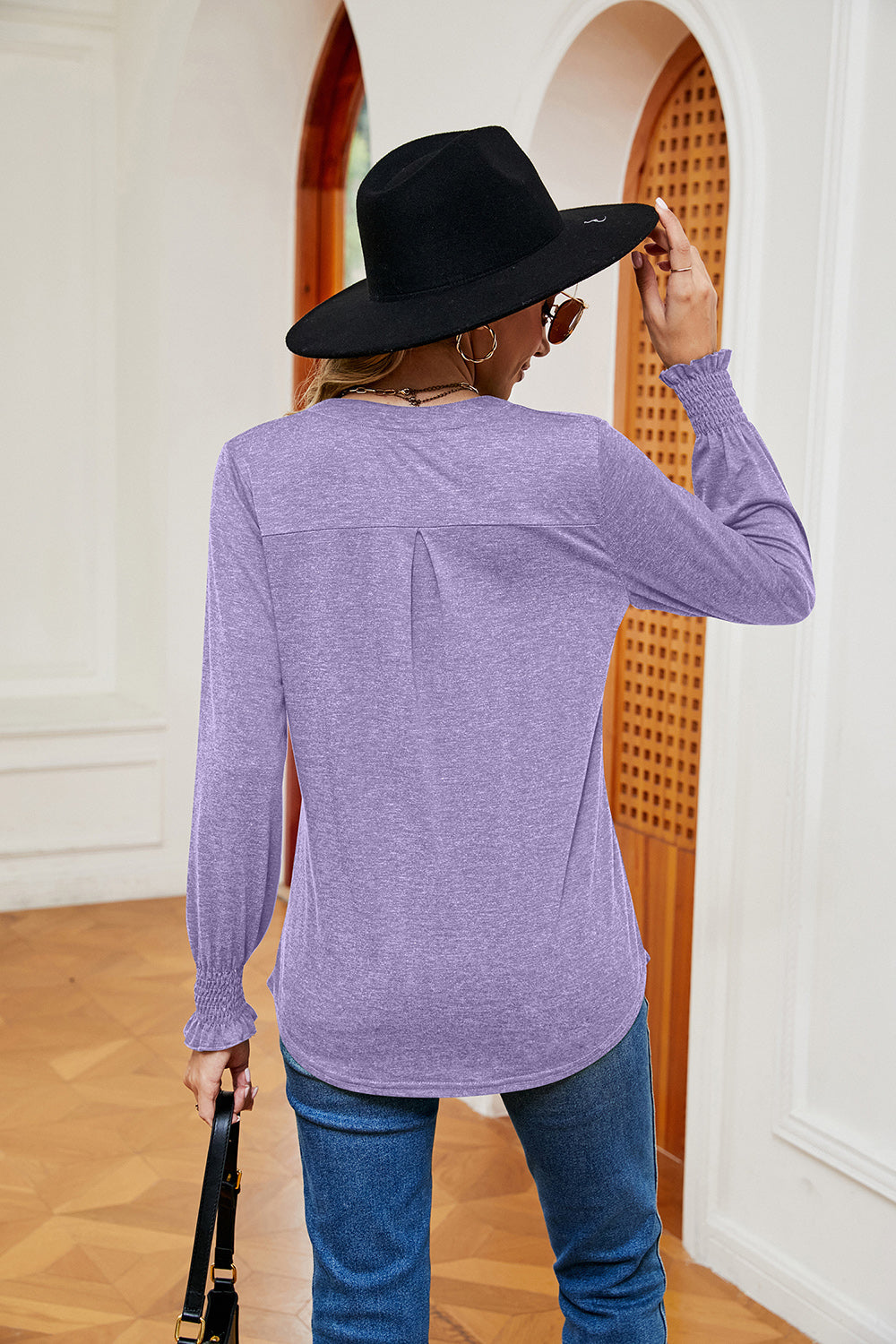 Notched Neck Long Sleeve Blouse BLUE ZONE PLANET