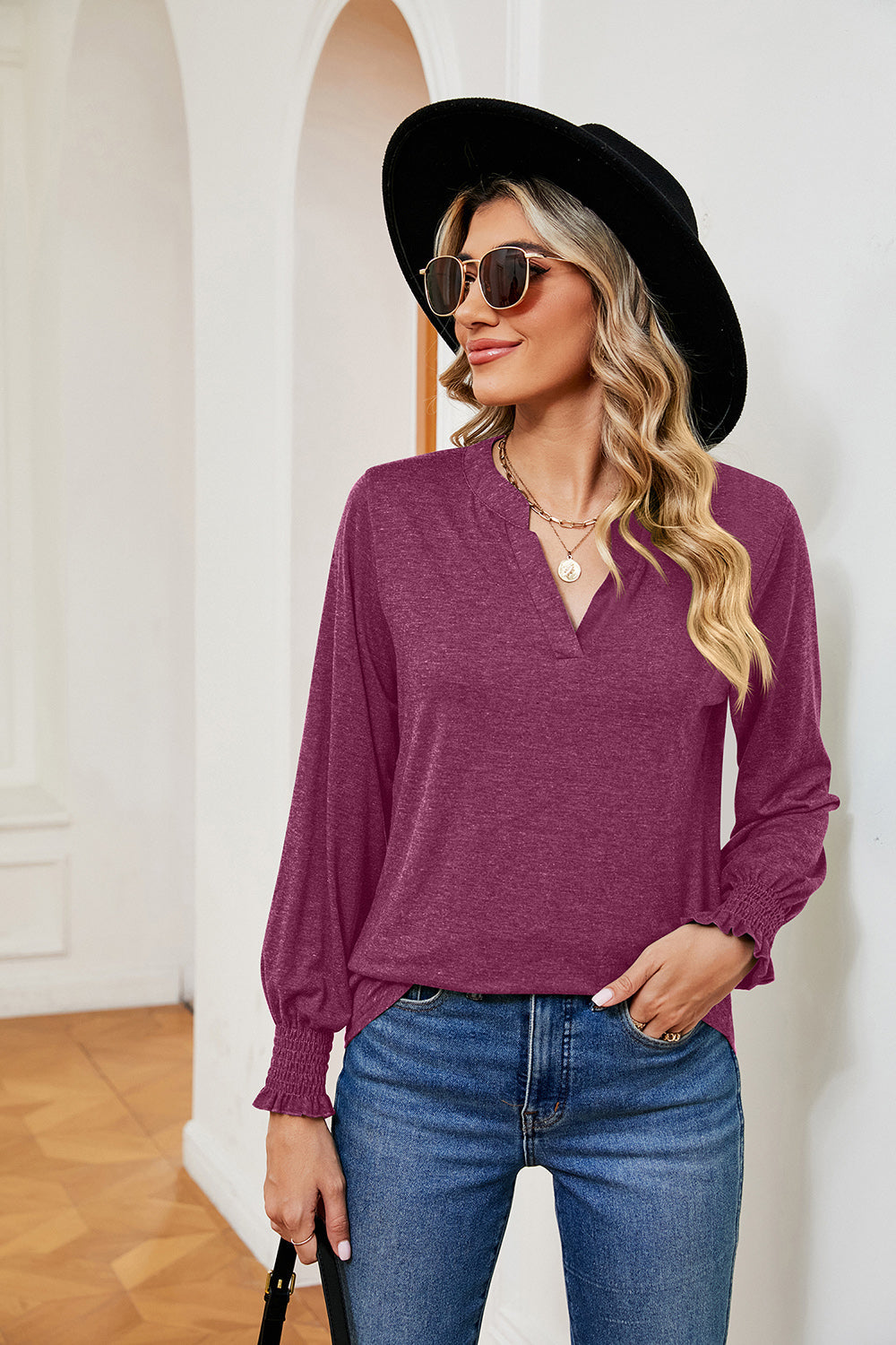 Notched Neck Long Sleeve Blouse BLUE ZONE PLANET