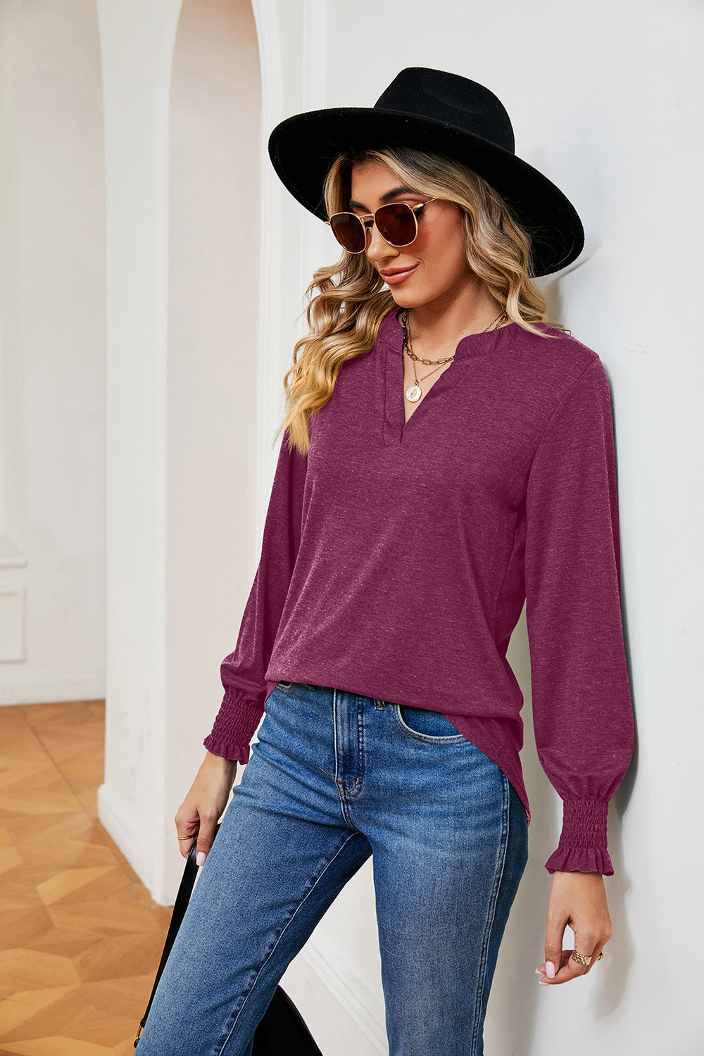 Notched Neck Long Sleeve Blouse BLUE ZONE PLANET