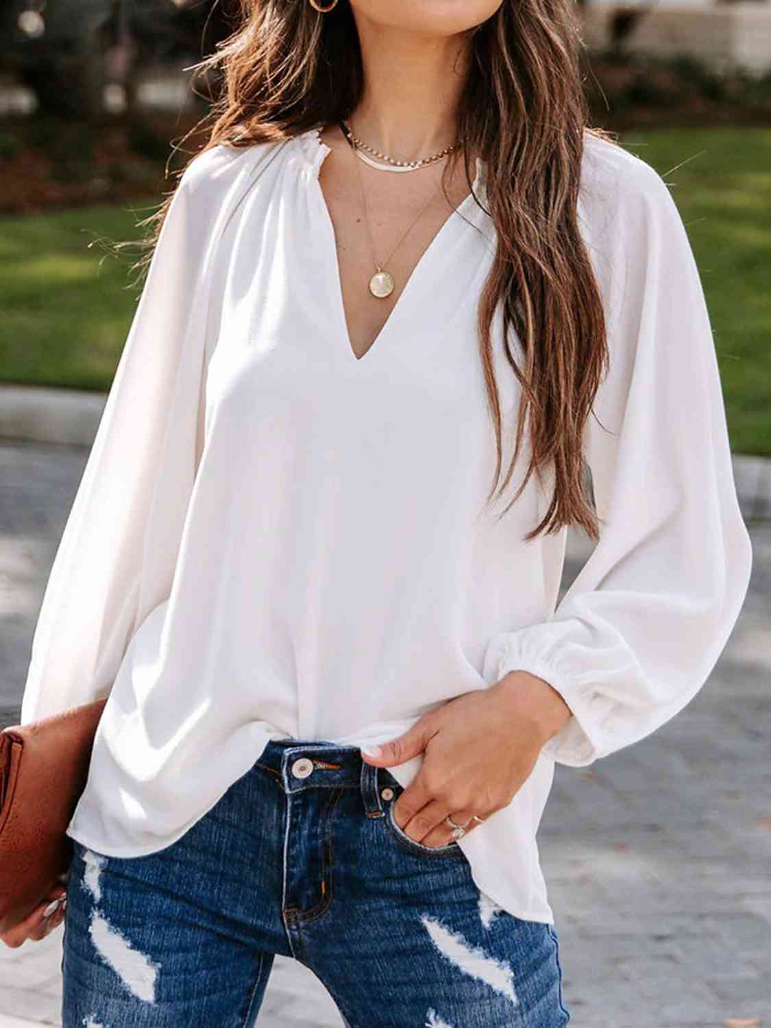 Notched Neck Long Sleeve Blouse BLUE ZONE PLANET