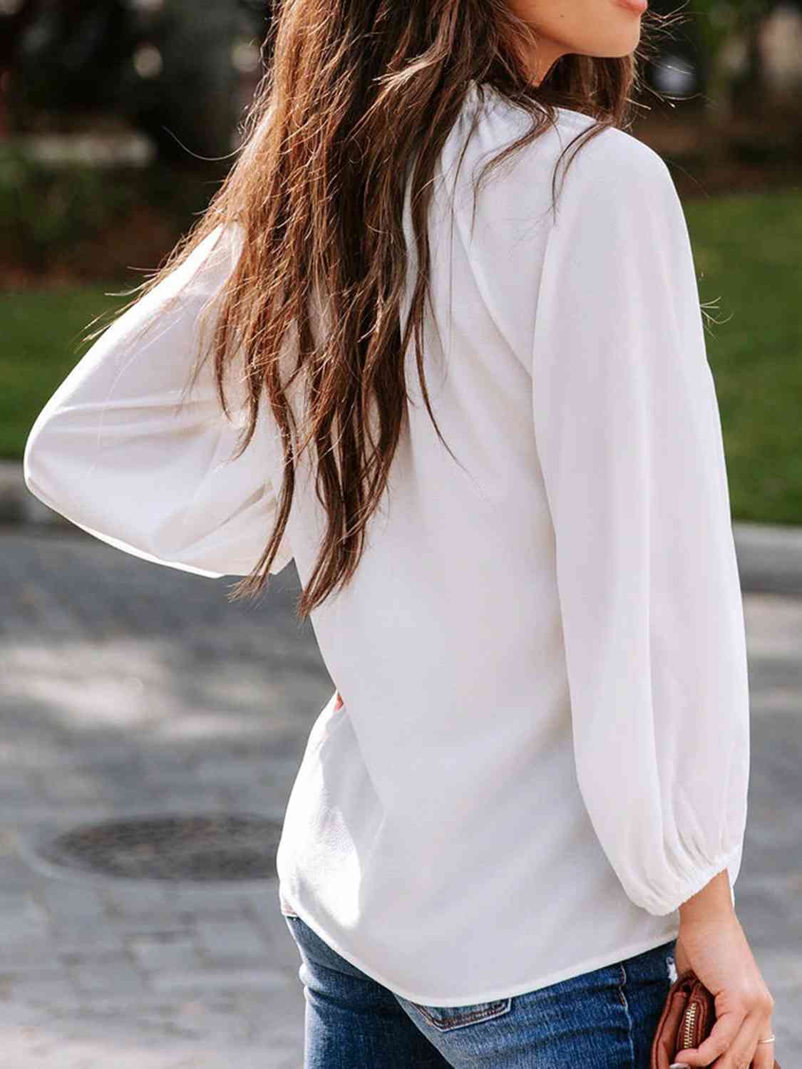 Notched Neck Long Sleeve Blouse BLUE ZONE PLANET