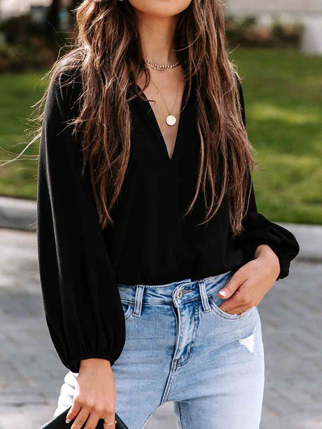 Notched Neck Long Sleeve Blouse BLUE ZONE PLANET