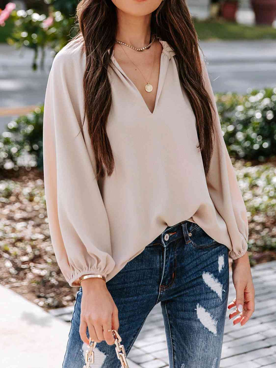 Notched Neck Long Sleeve Blouse BLUE ZONE PLANET