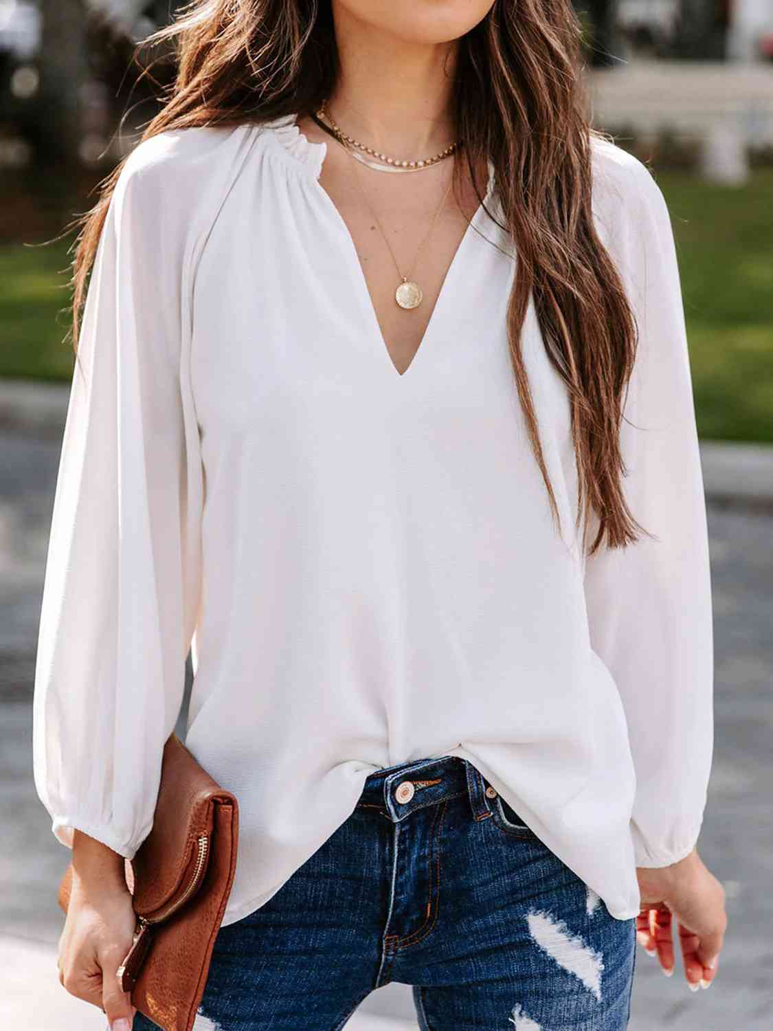 Notched Neck Long Sleeve Blouse BLUE ZONE PLANET