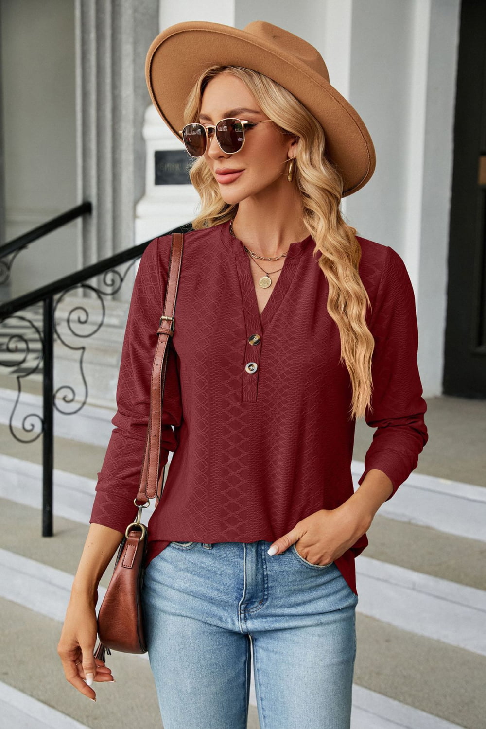 Notched Neck Long Sleeve Buttoned Blouse BLUE ZONE PLANET