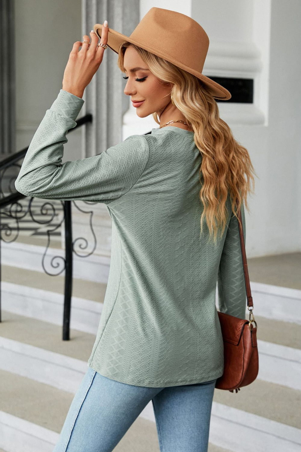 Notched Neck Long Sleeve Buttoned Blouse BLUE ZONE PLANET