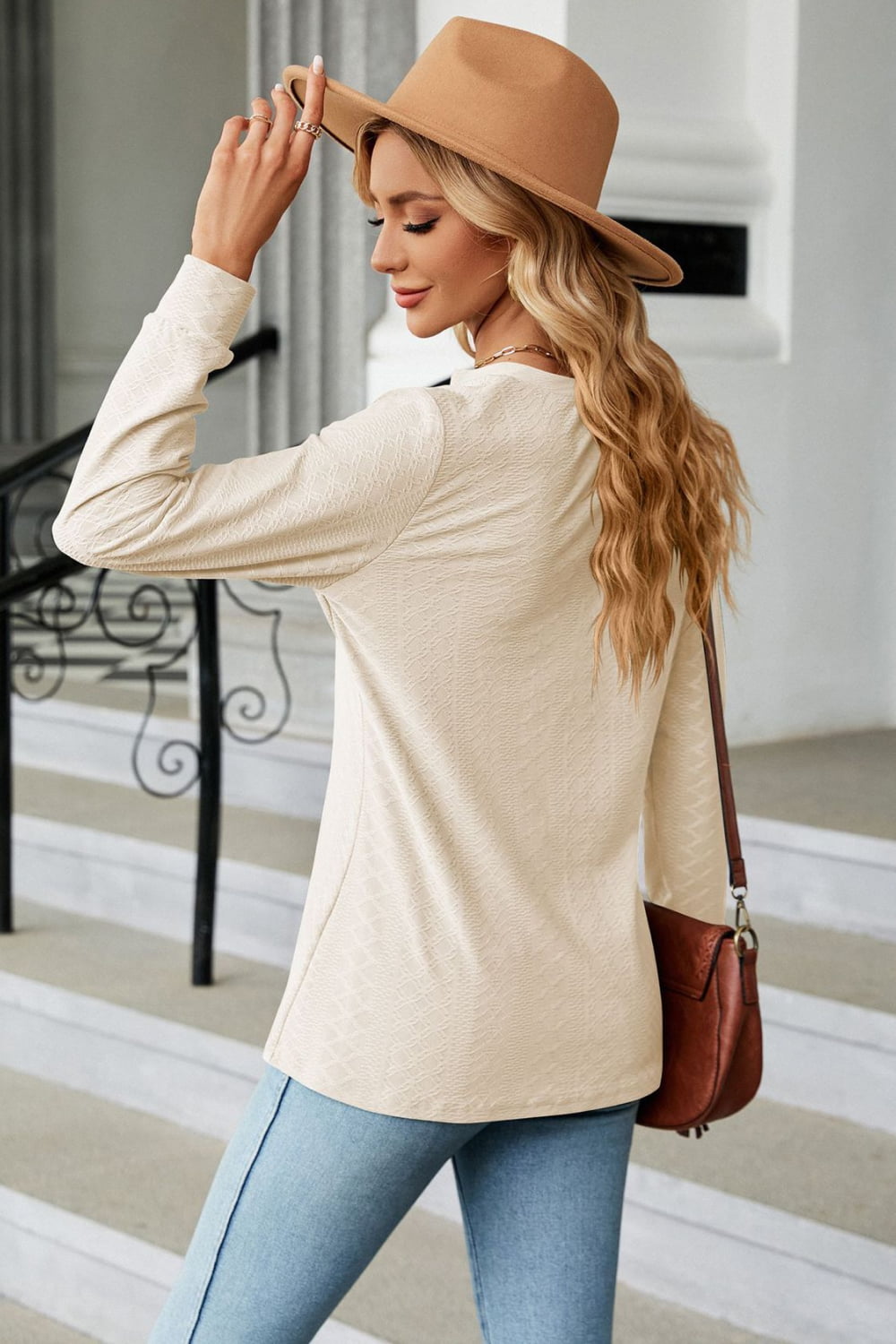 Notched Neck Long Sleeve Buttoned Blouse BLUE ZONE PLANET