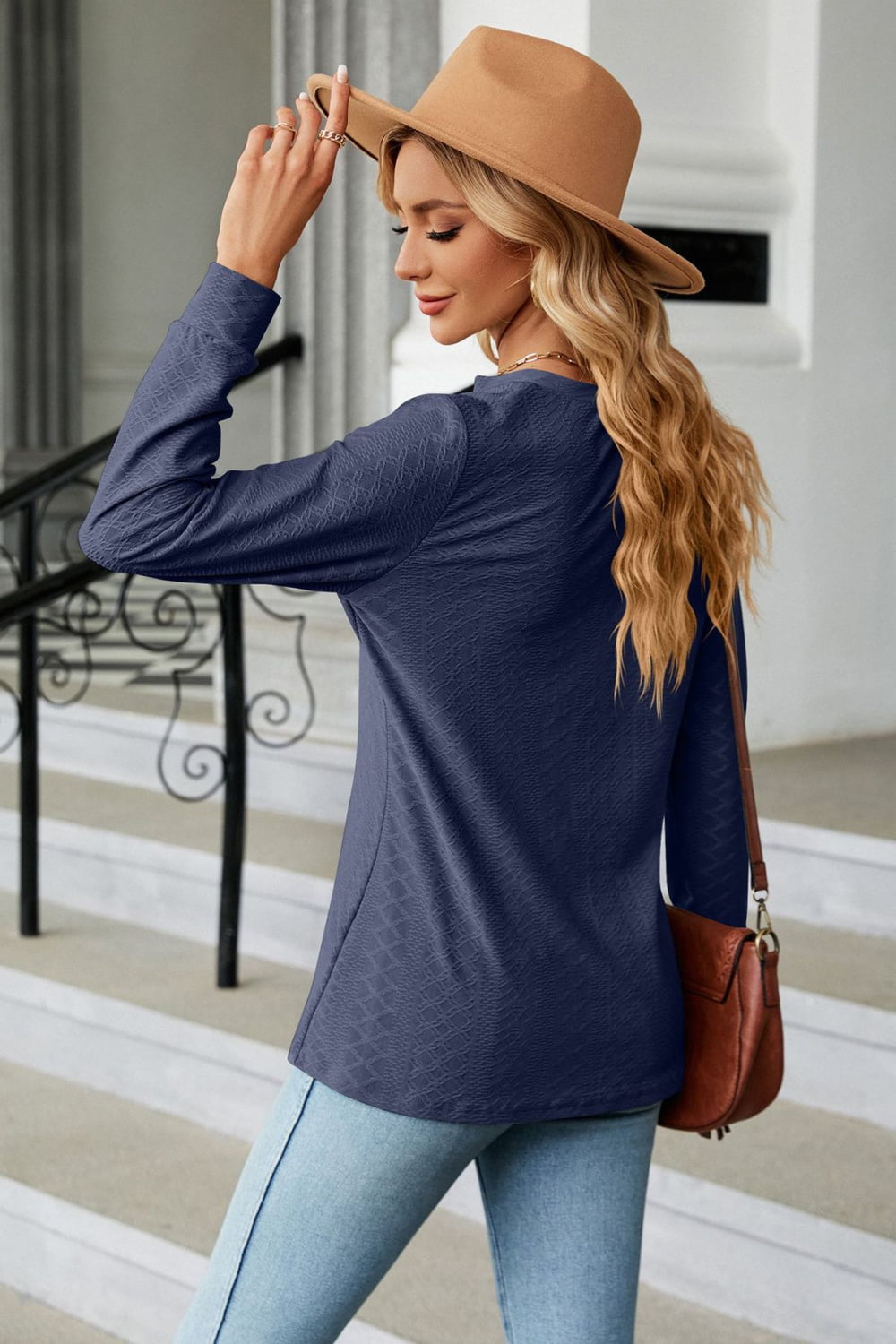 Notched Neck Long Sleeve Buttoned Blouse BLUE ZONE PLANET