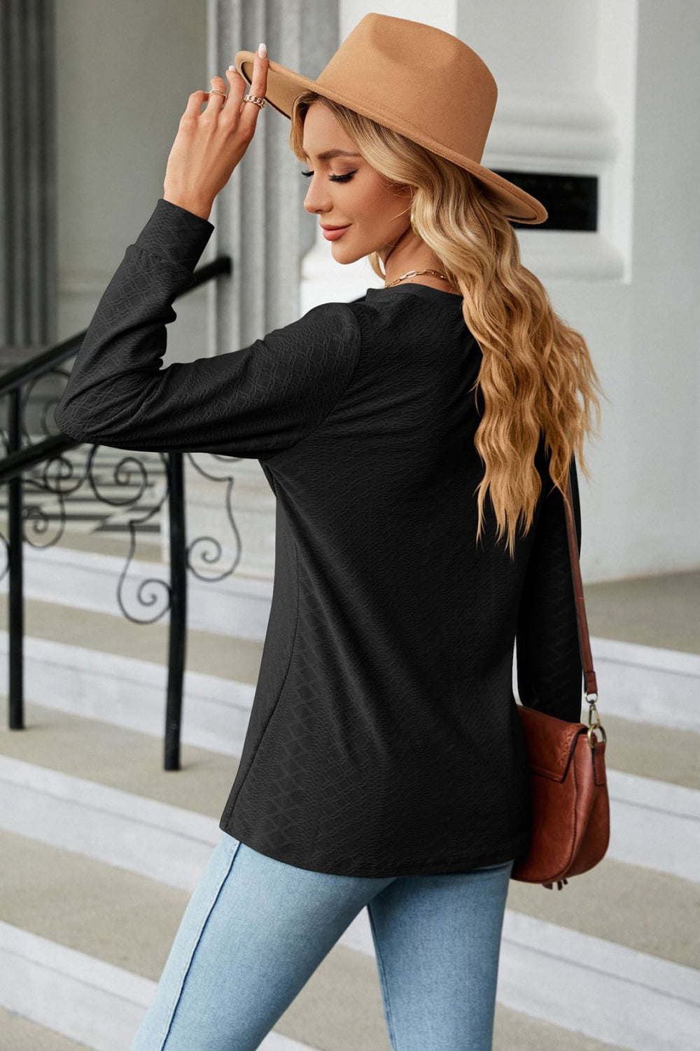 Notched Neck Long Sleeve Buttoned Blouse BLUE ZONE PLANET