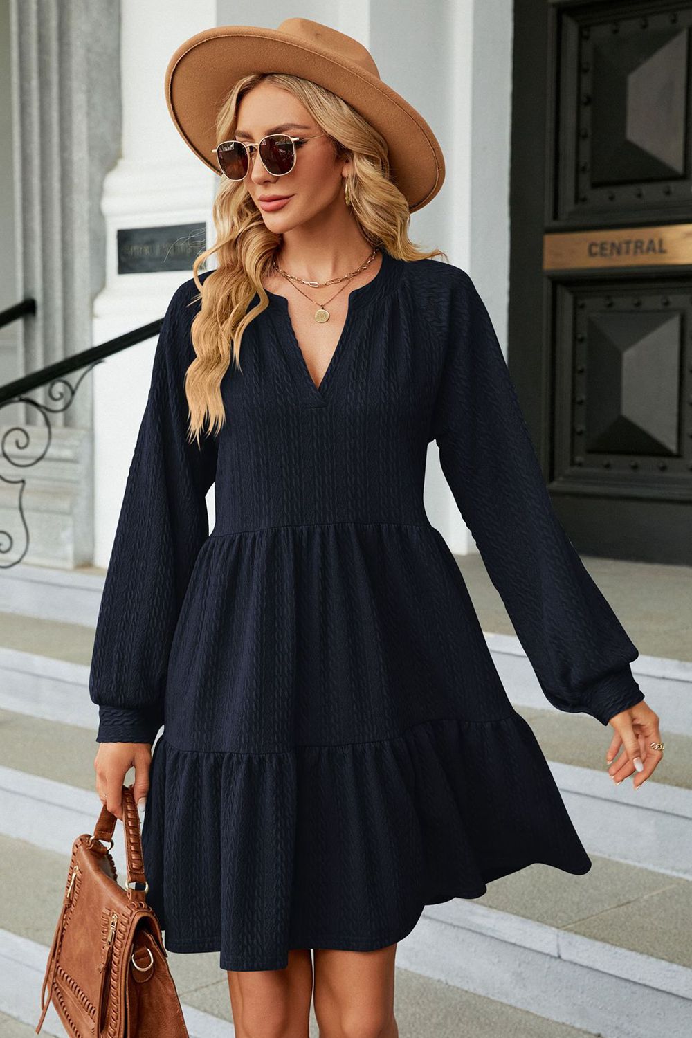 Notched Neck Long Sleeve Mini Dress BLUE ZONE PLANET