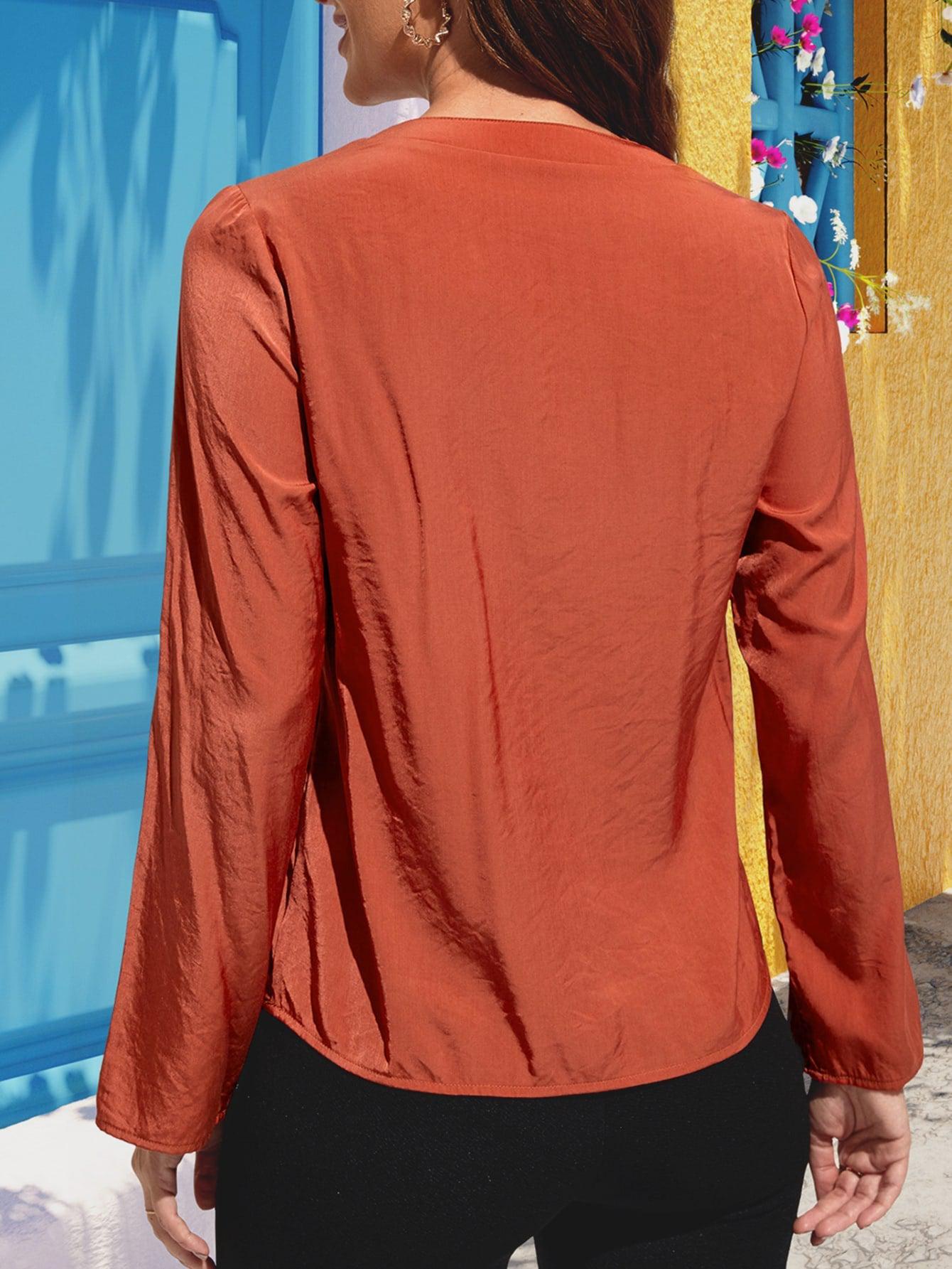 Notched Neck Long Sleeve Top BLUE ZONE PLANET