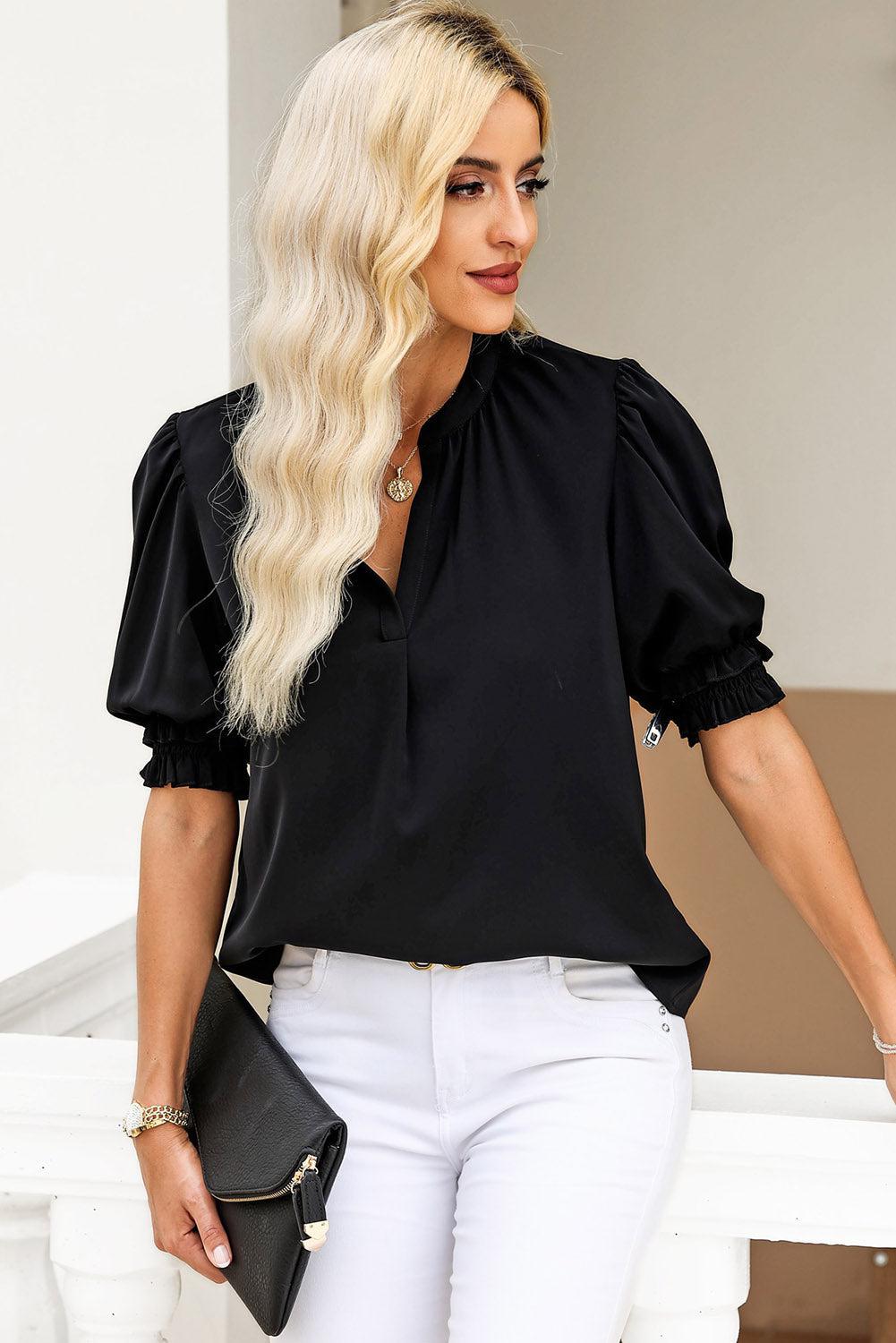 Notched Neck Puff Sleeve Blouse BLUE ZONE PLANET