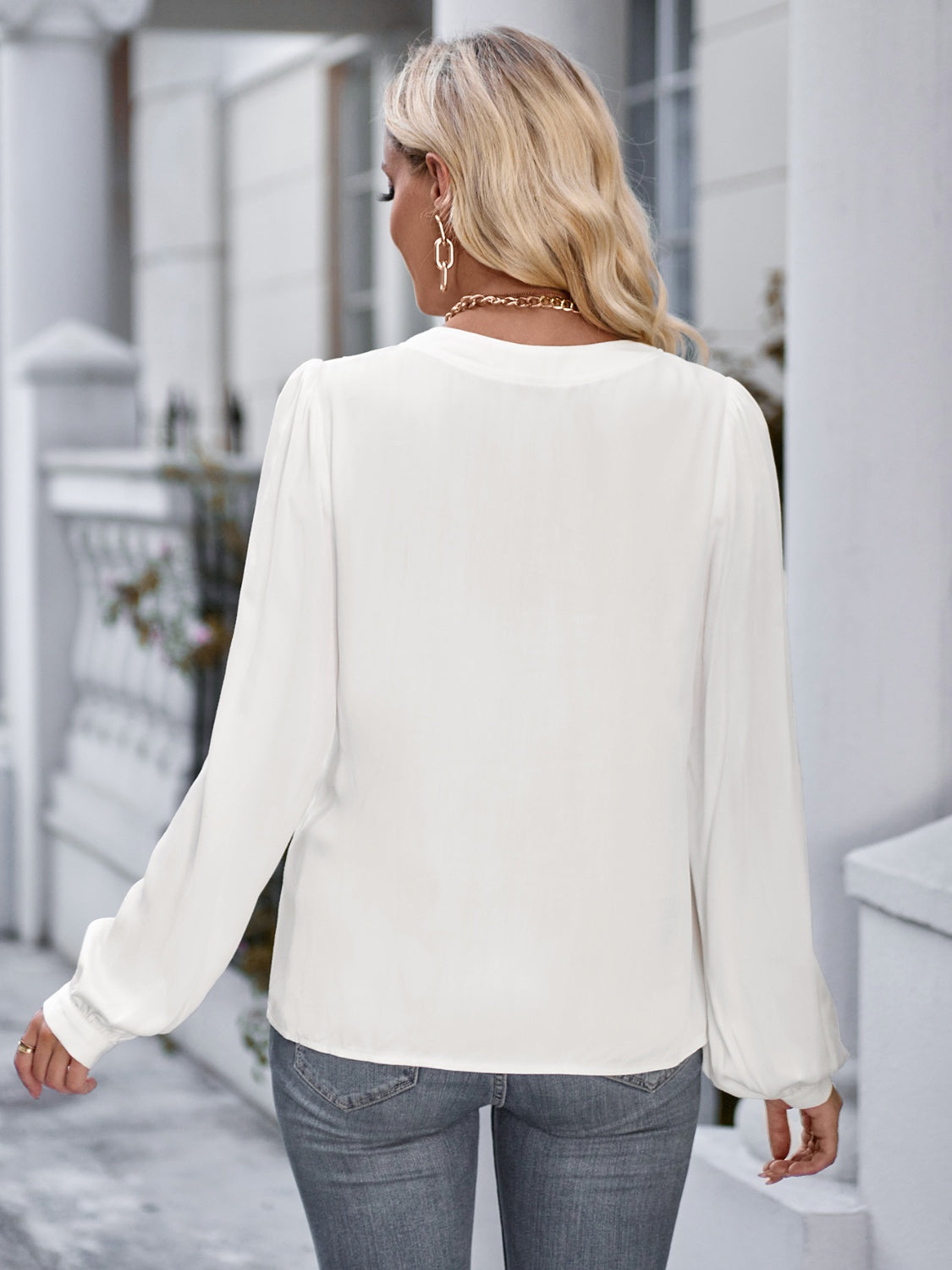 Notched Neck Puff Sleeve Blouse BLUE ZONE PLANET