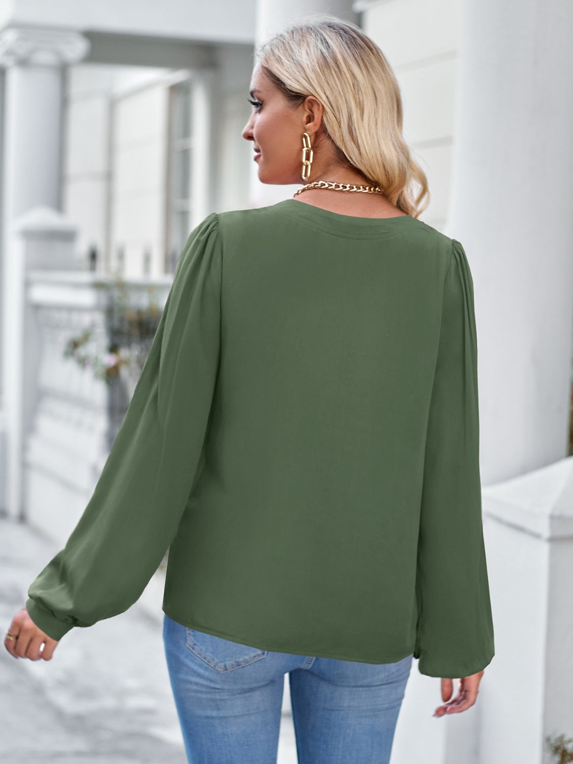 Notched Neck Puff Sleeve Blouse BLUE ZONE PLANET