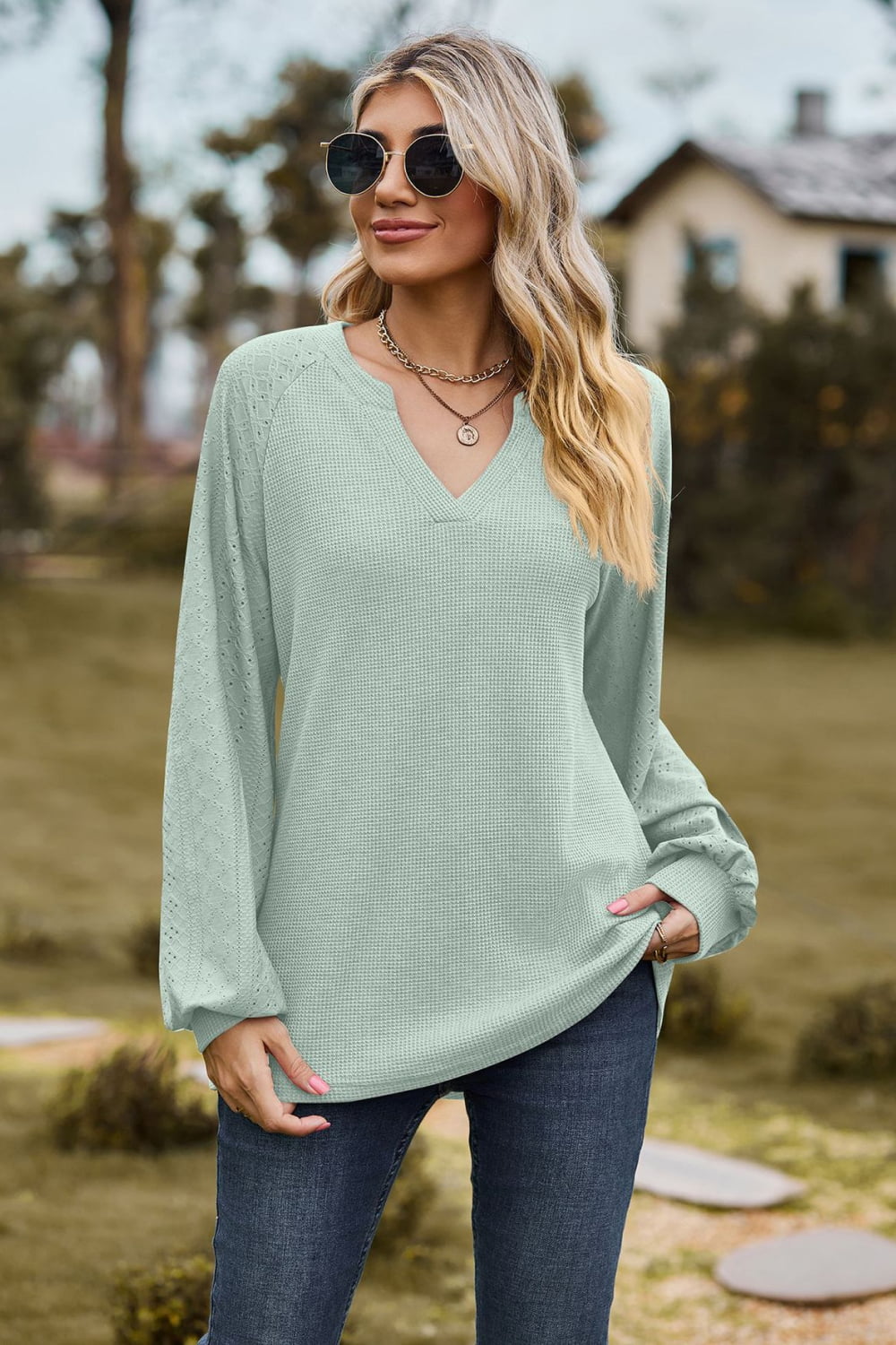 Notched Neck Raglan Sleeve Blouse BLUE ZONE PLANET