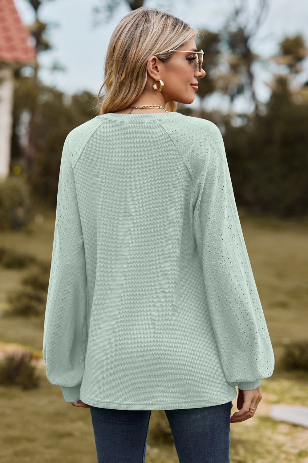 Notched Neck Raglan Sleeve Blouse BLUE ZONE PLANET