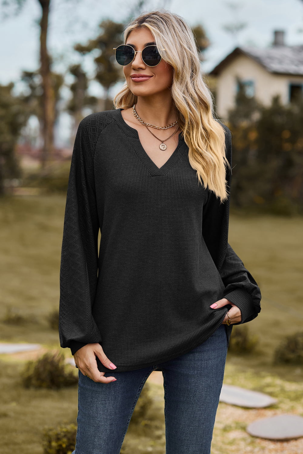 Notched Neck Raglan Sleeve Blouse BLUE ZONE PLANET