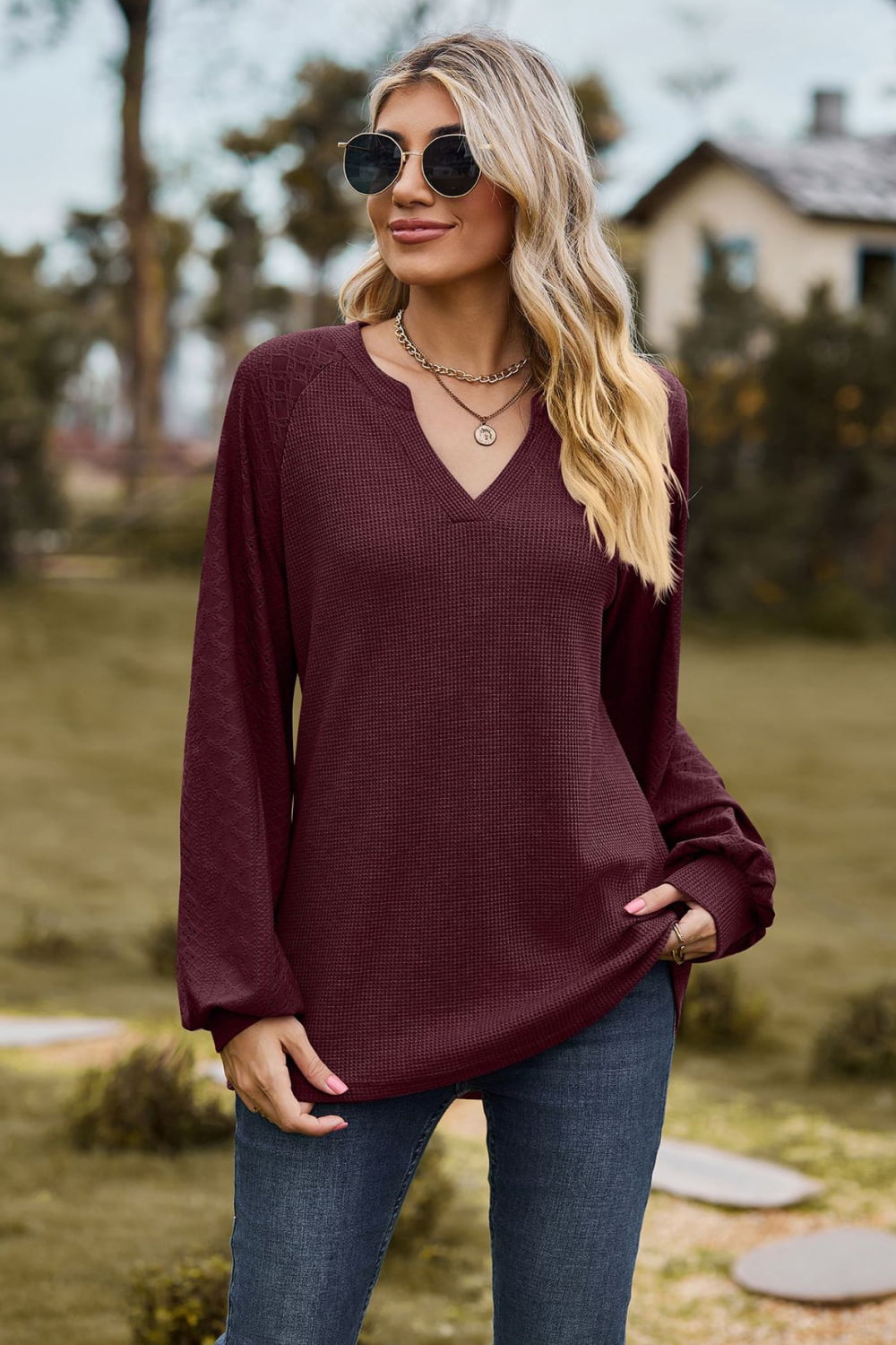 Notched Neck Raglan Sleeve Blouse BLUE ZONE PLANET