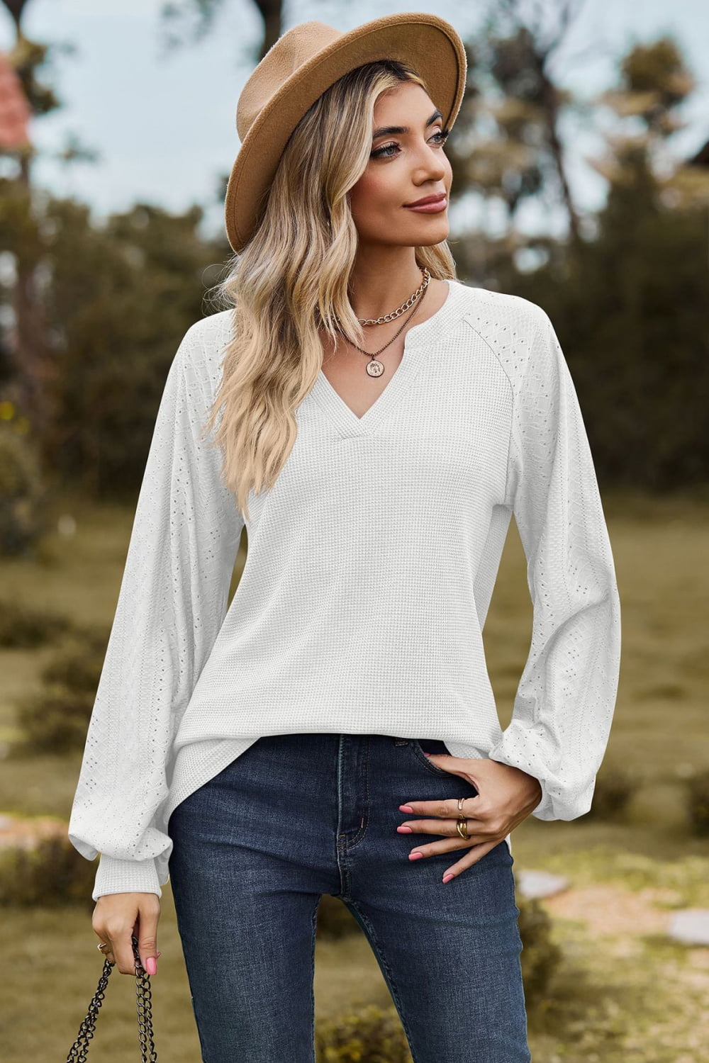 Notched Neck Raglan Sleeve Blouse BLUE ZONE PLANET