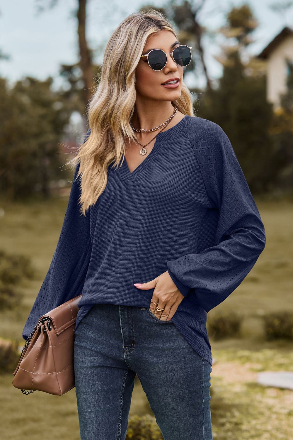 Notched Neck Raglan Sleeve Blouse BLUE ZONE PLANET