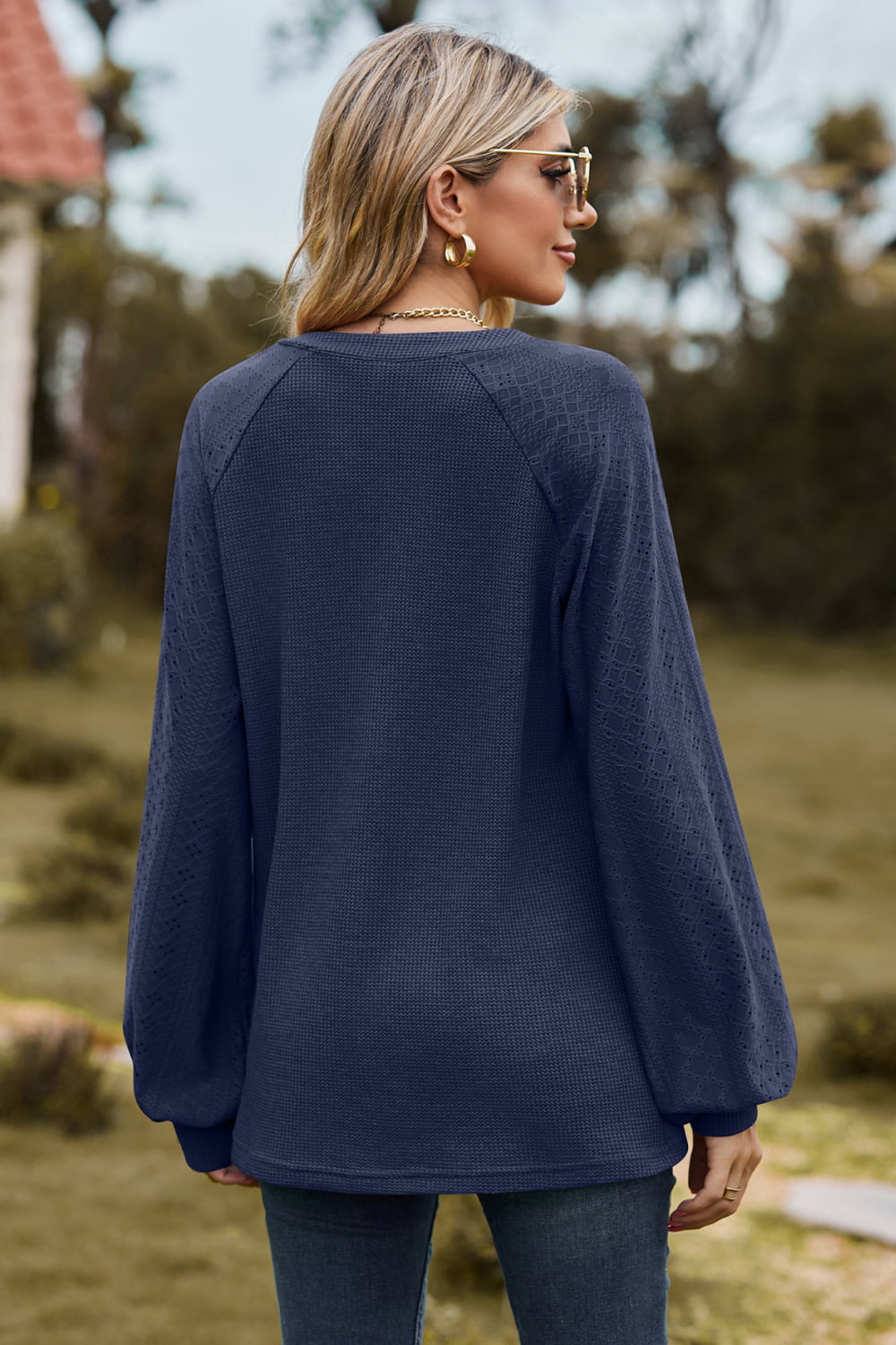 Notched Neck Raglan Sleeve Blouse BLUE ZONE PLANET