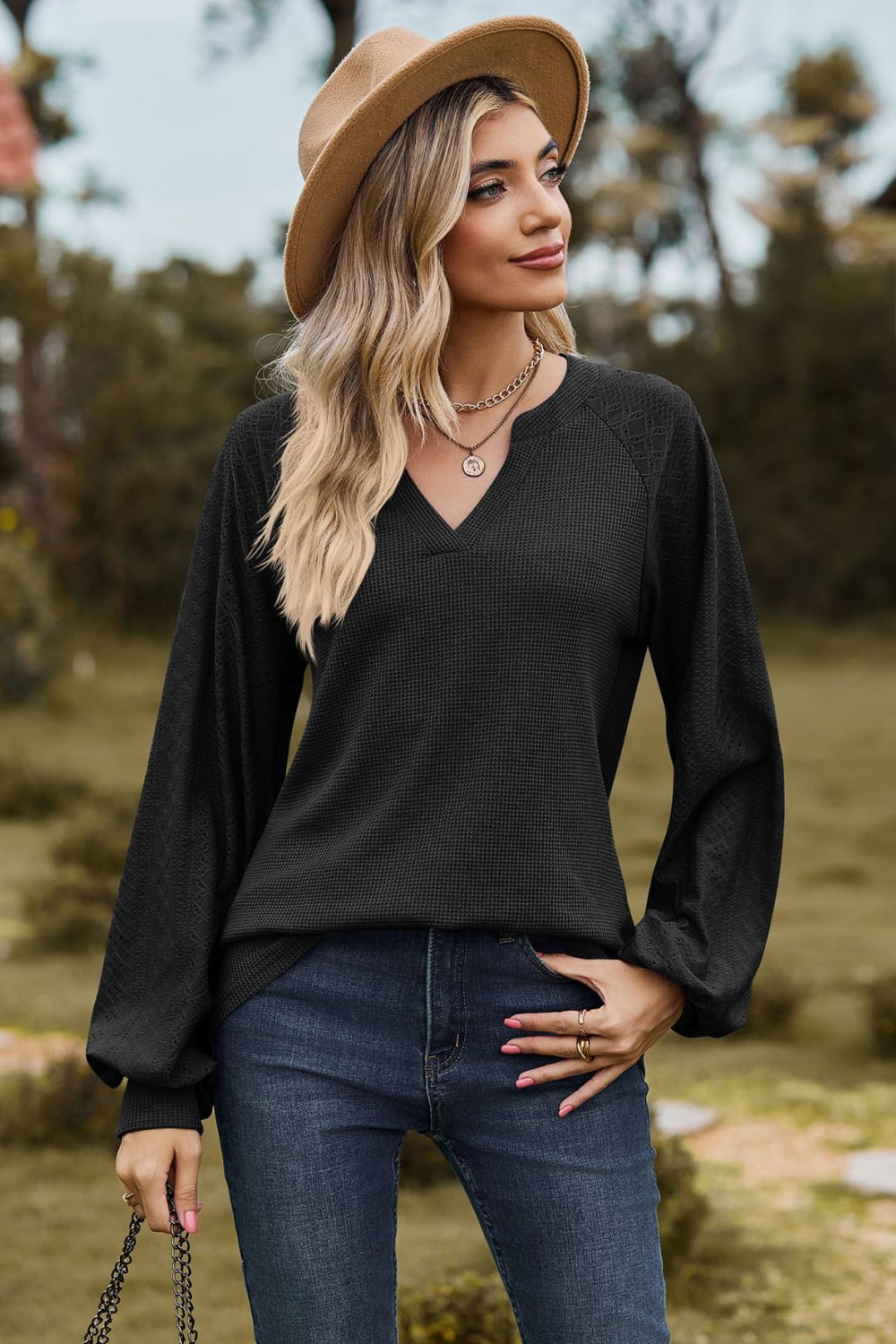 Notched Neck Raglan Sleeve Blouse BLUE ZONE PLANET