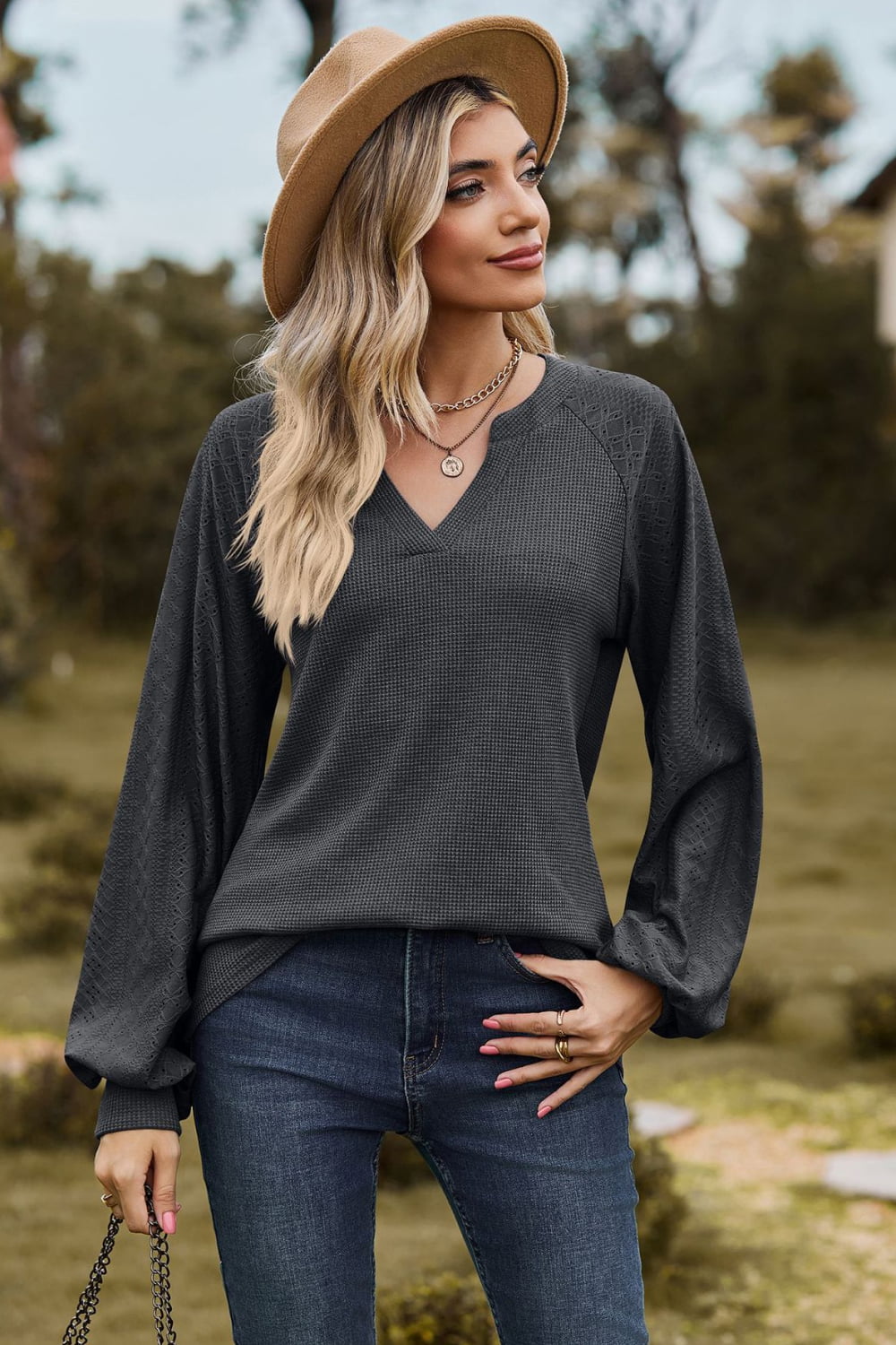 Notched Neck Raglan Sleeve Blouse BLUE ZONE PLANET