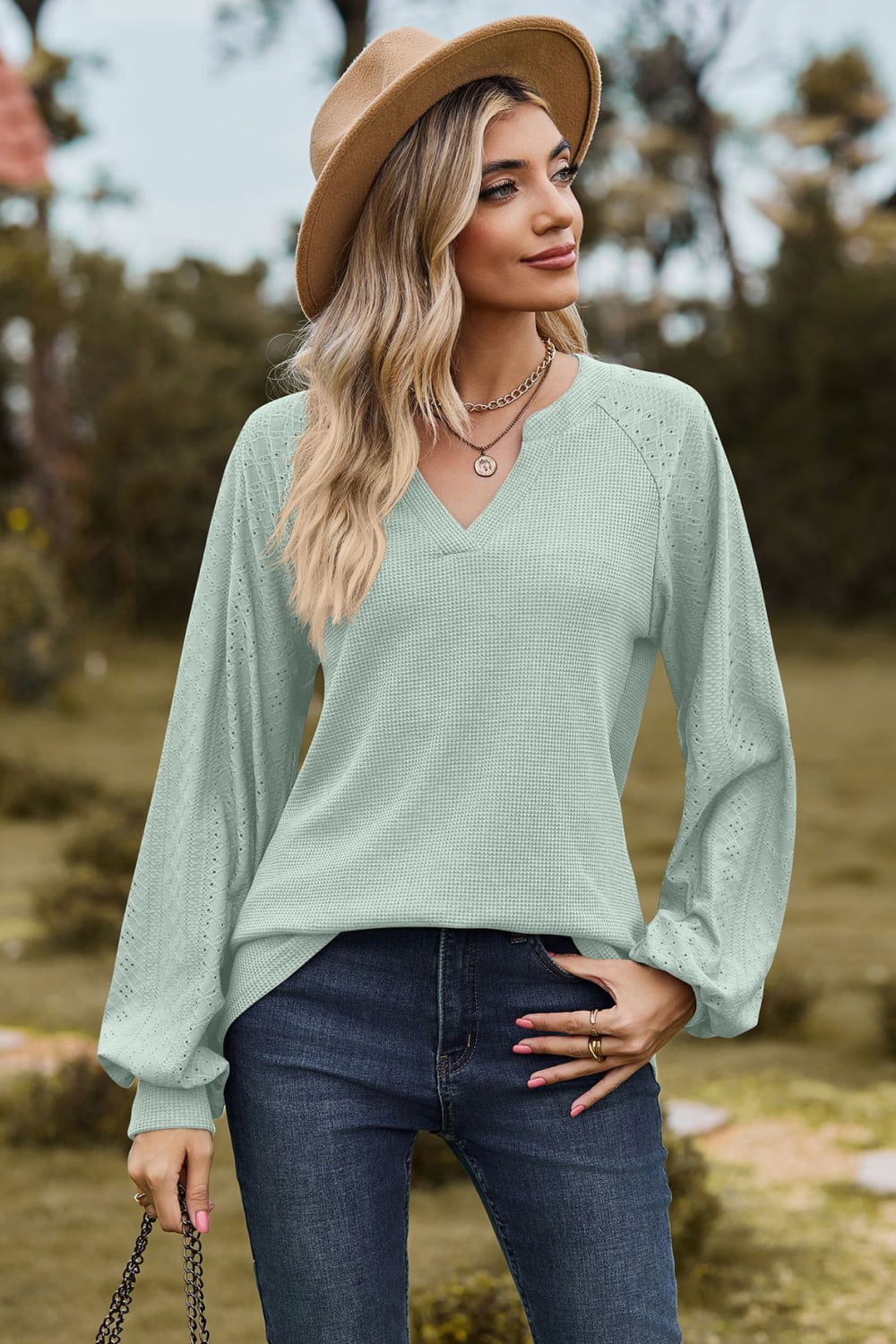 Notched Neck Raglan Sleeve Blouse BLUE ZONE PLANET