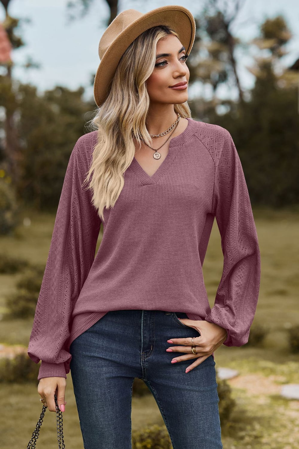 Notched Neck Raglan Sleeve Blouse BLUE ZONE PLANET