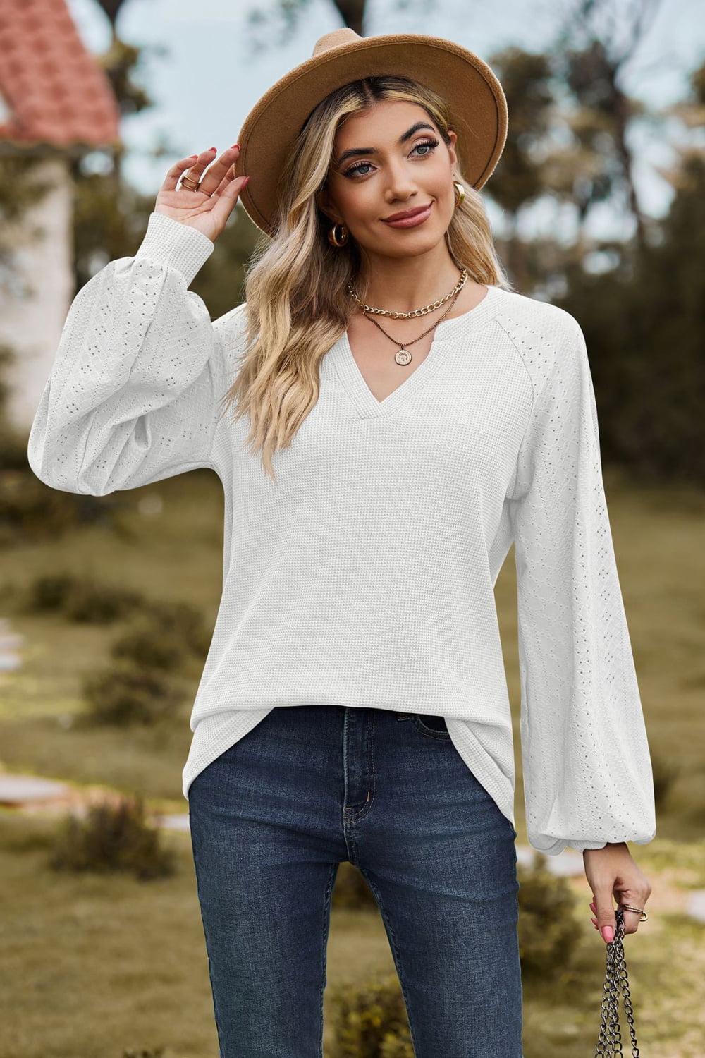 Notched Neck Raglan Sleeve Blouse BLUE ZONE PLANET