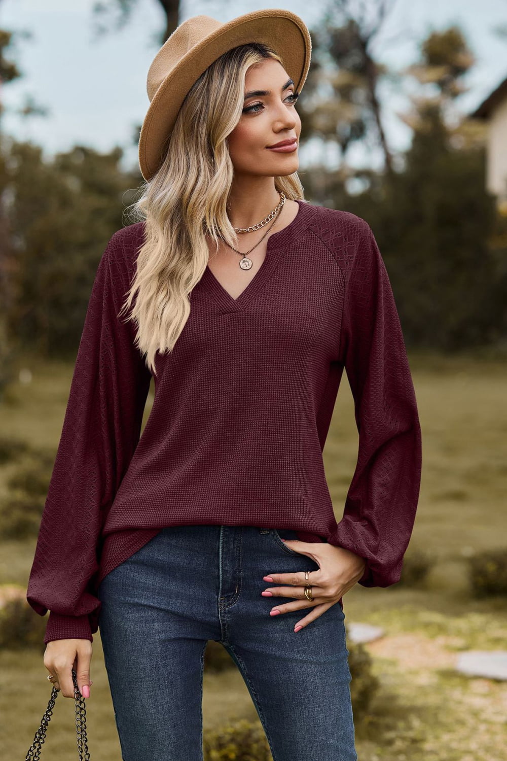 Notched Neck Raglan Sleeve Blouse BLUE ZONE PLANET